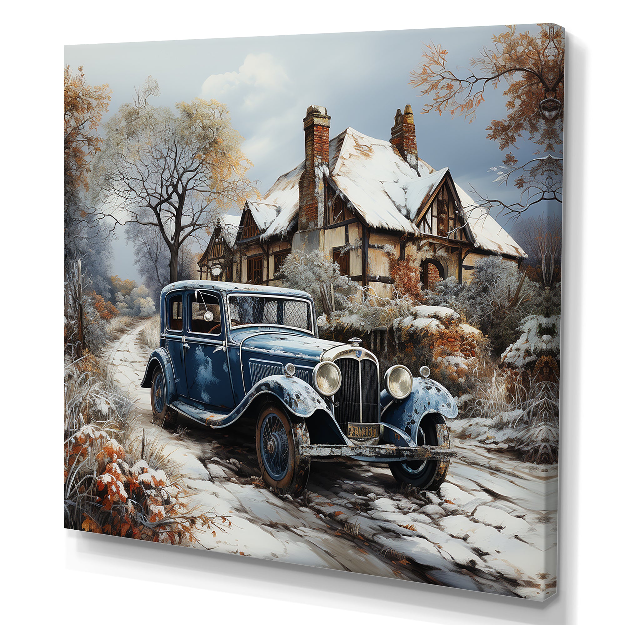 1930s Vintage Car Charm In Winter - Car Vintage Canvas Wall Art