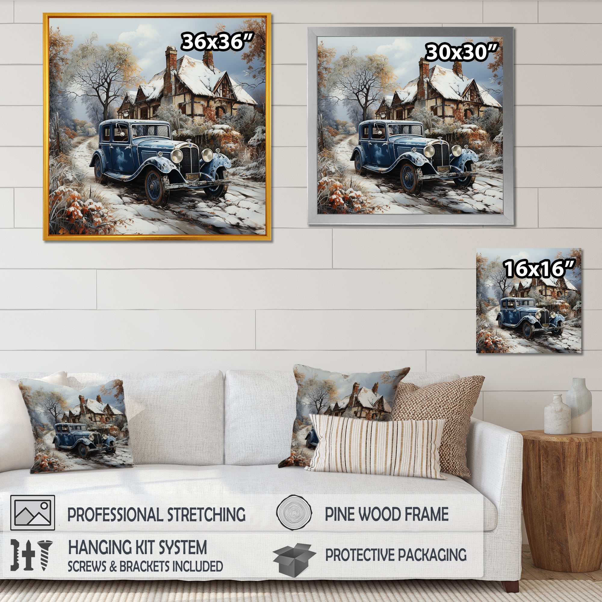 1930s Vintage Car Charm In Winter - Car Vintage Canvas Wall Art