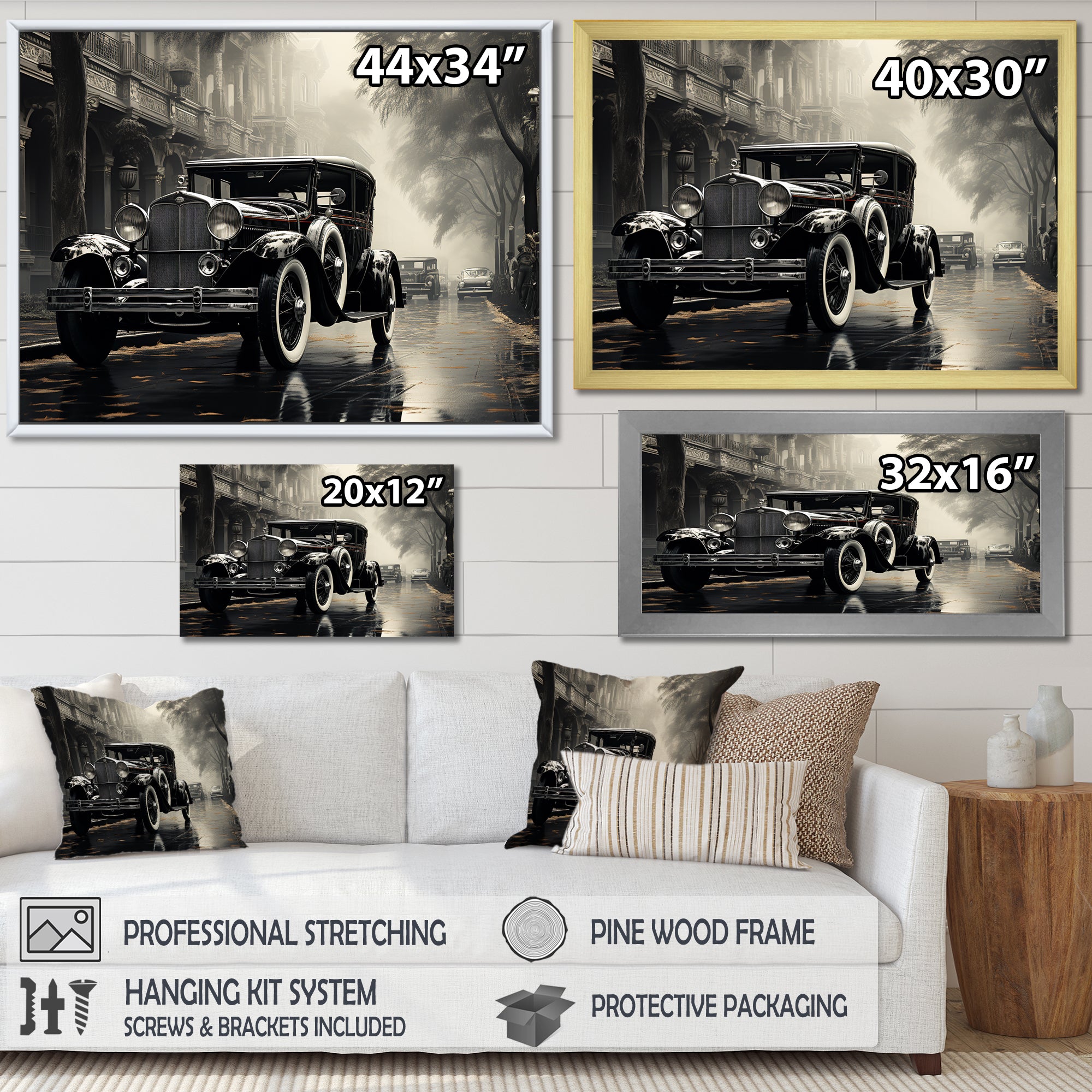 1950s Car Monochrome Vintage - Car Vintage Canvas Wall Art