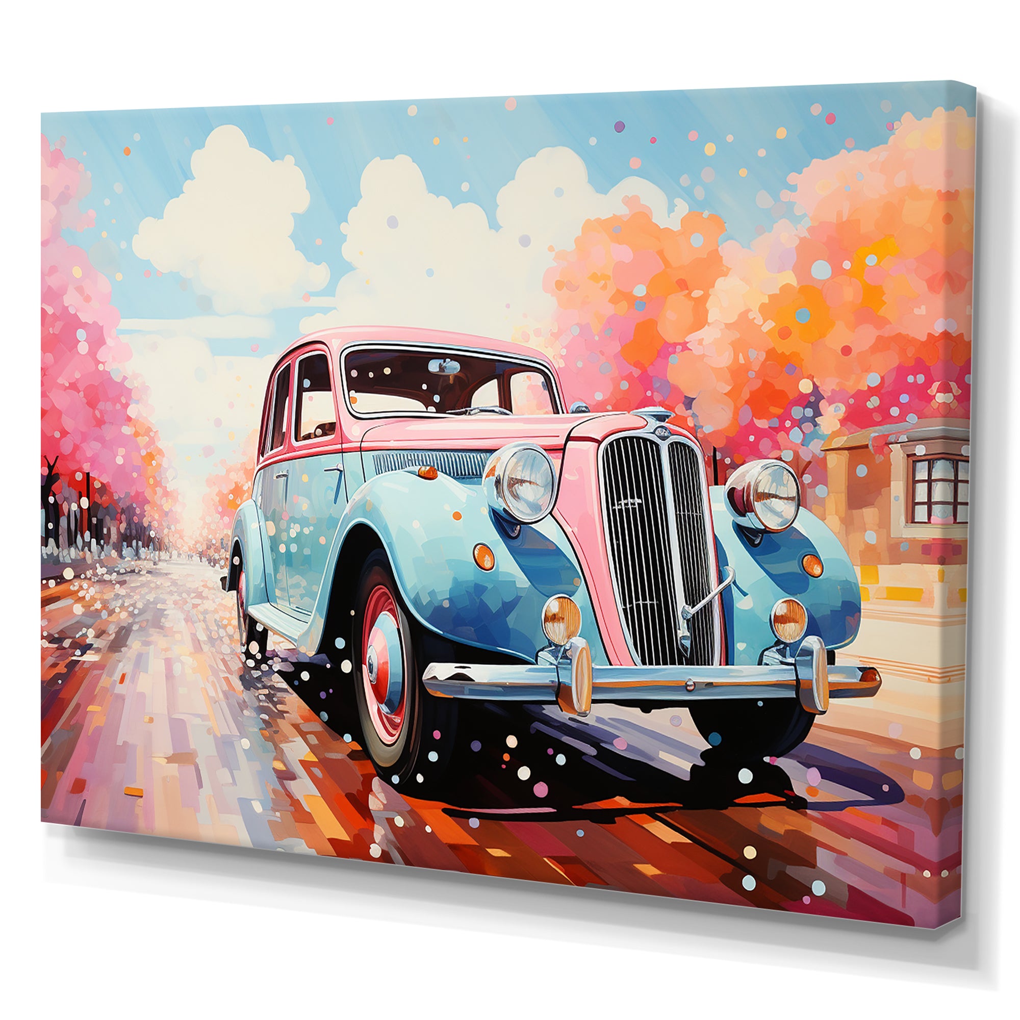 Pastel Vintage Pink Car Adventure - Car Vintage Canvas Wall Art