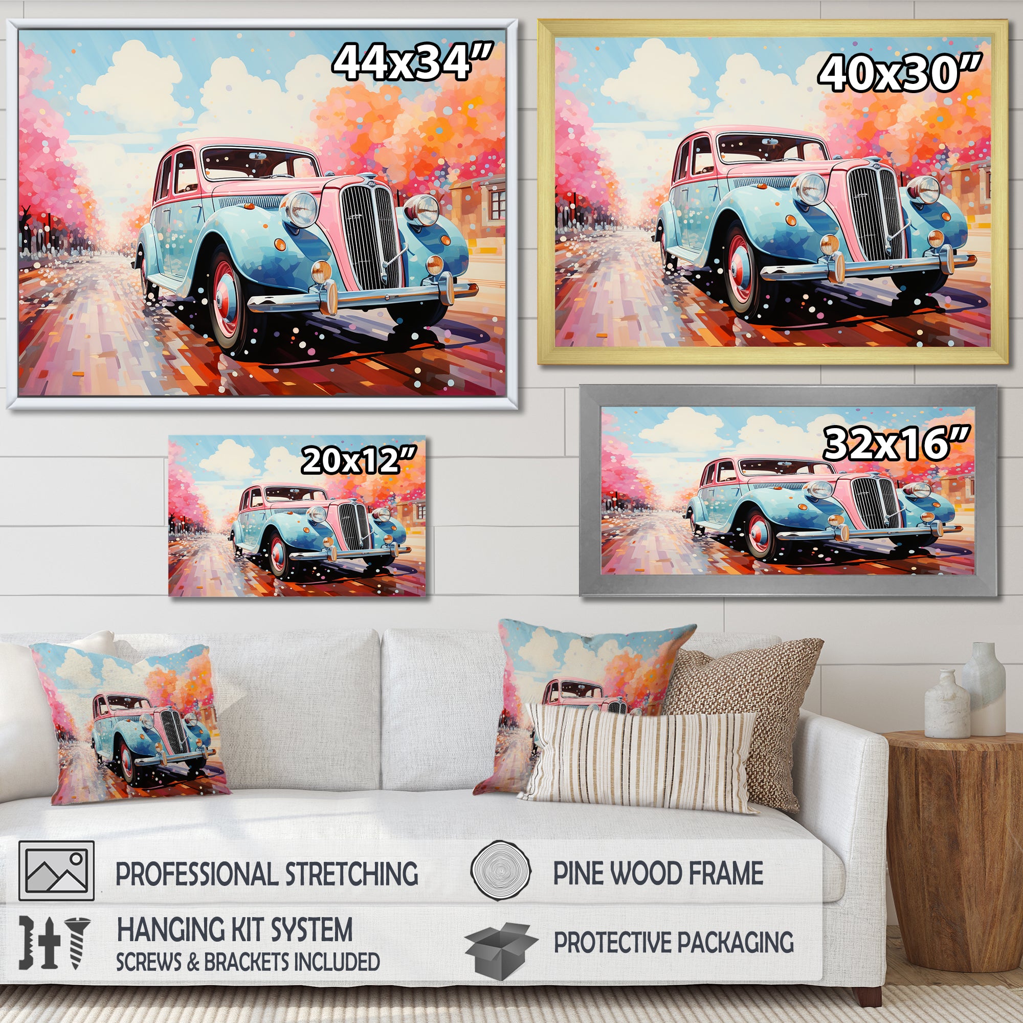 Pastel Vintage Pink Car Adventure - Car Vintage Canvas Wall Art