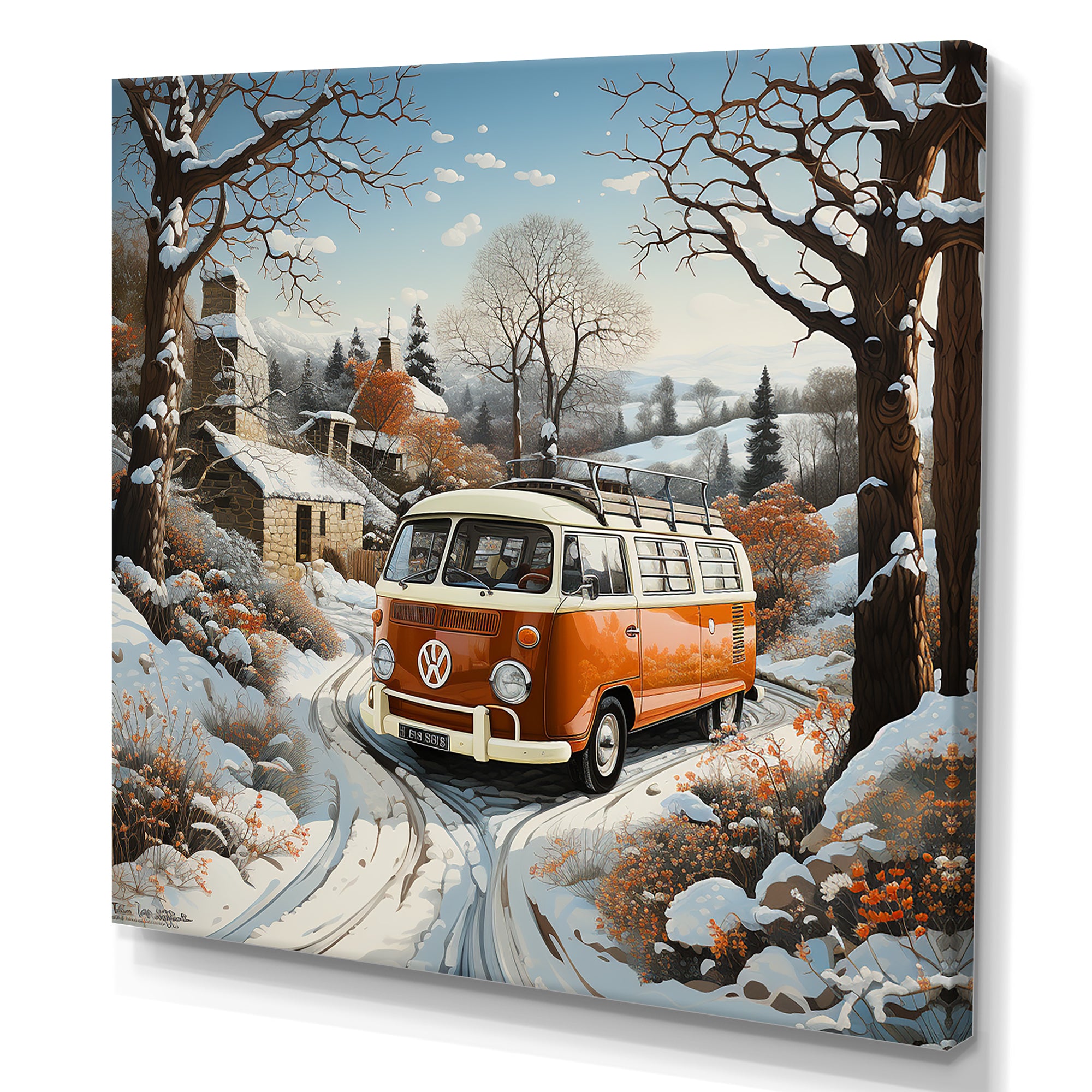 Hippie Van Charm In Winter - Car/Van Canvas Wall Art