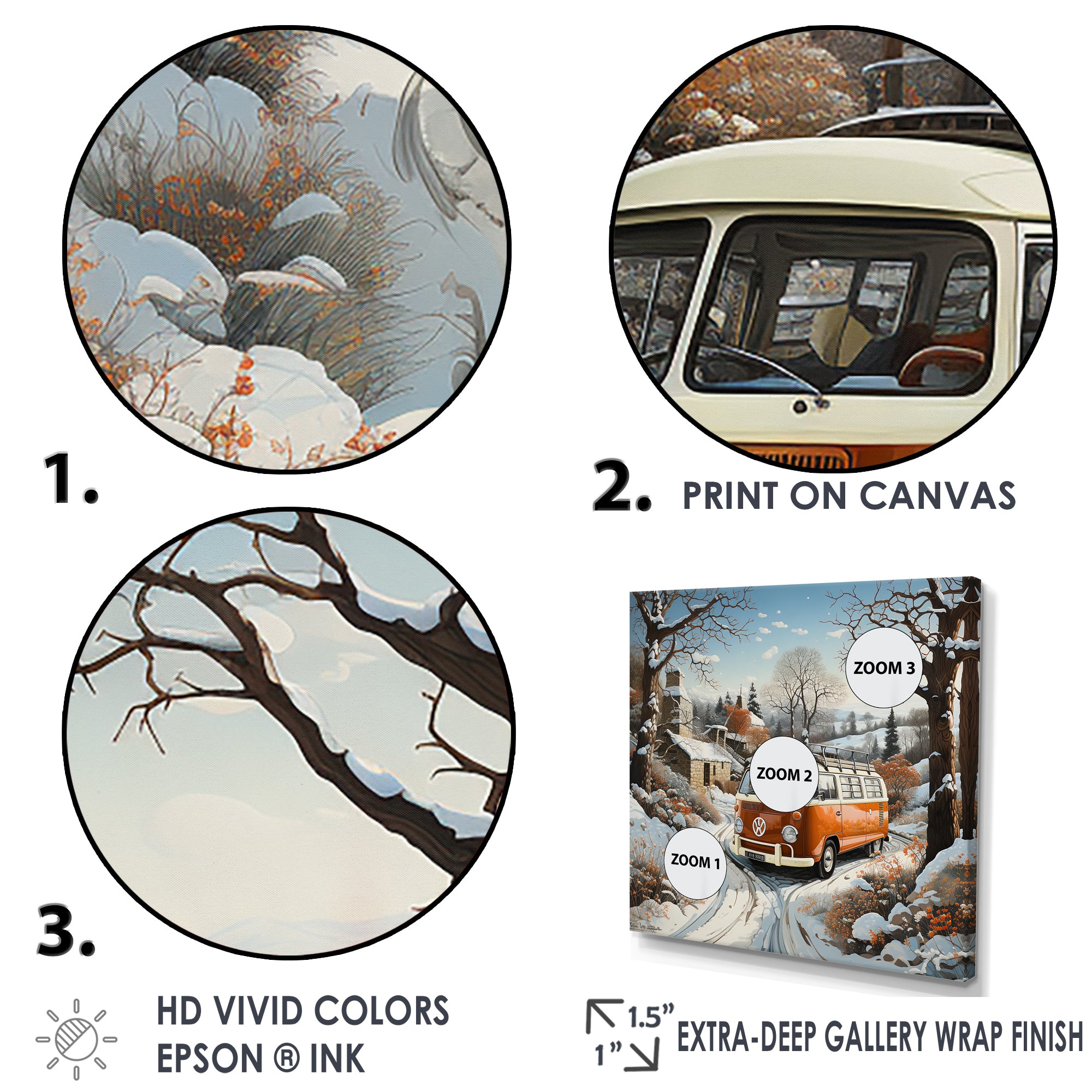 Hippie Van Charm In Winter - Car/Van Canvas Wall Art