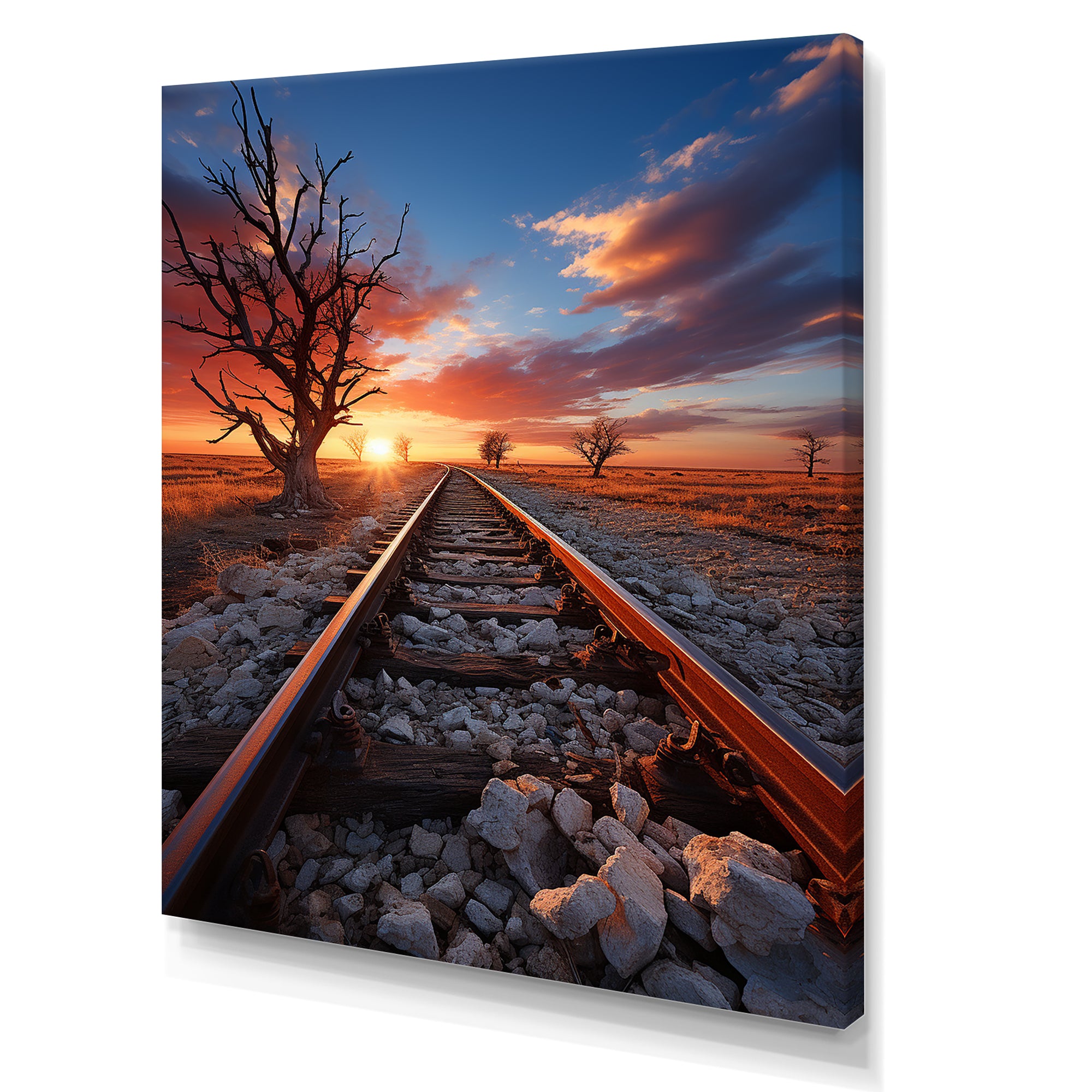 Railway Track In Sunset Landscape - Train Canvas Wall Art