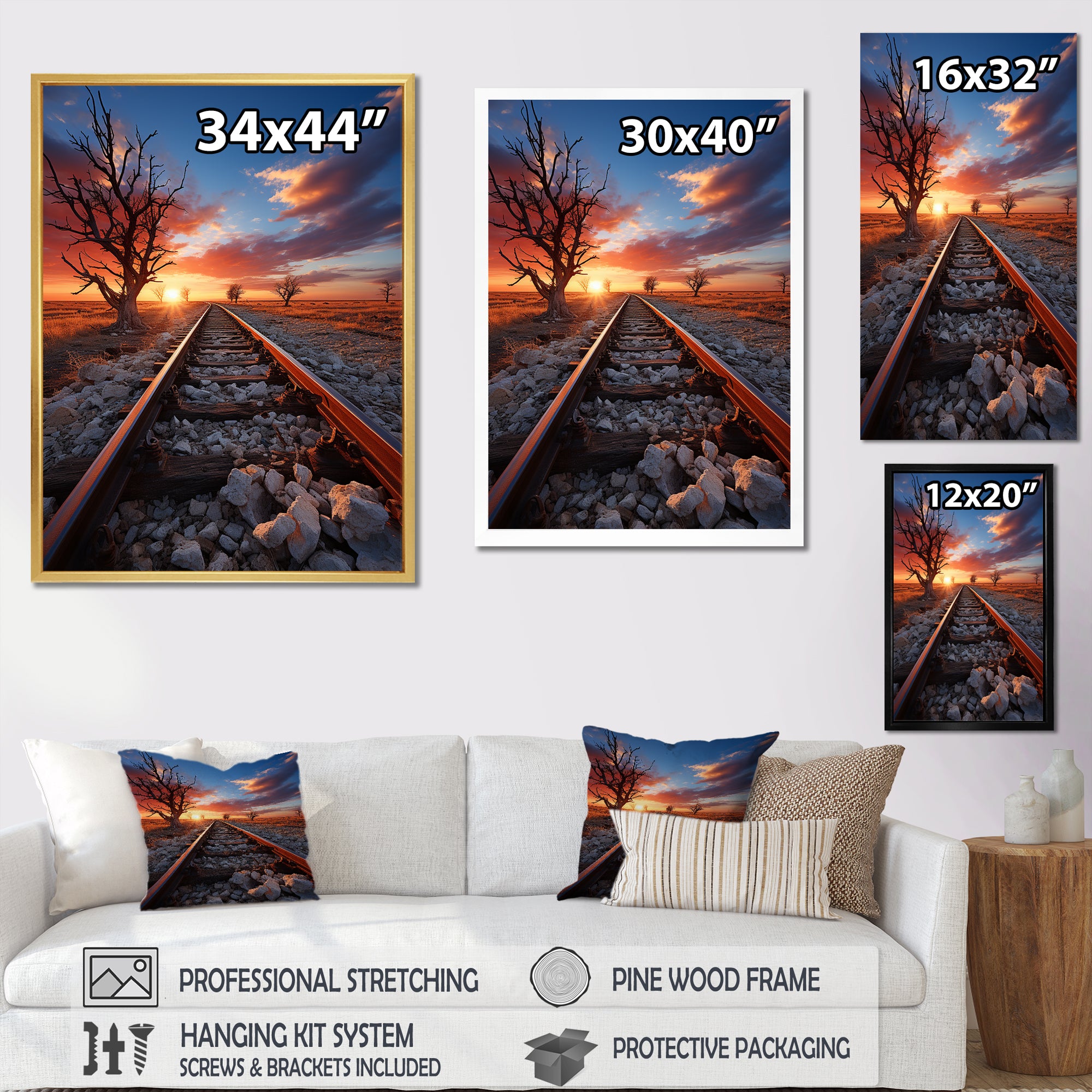 Railway Track In Sunset Landscape - Train Canvas Wall Art