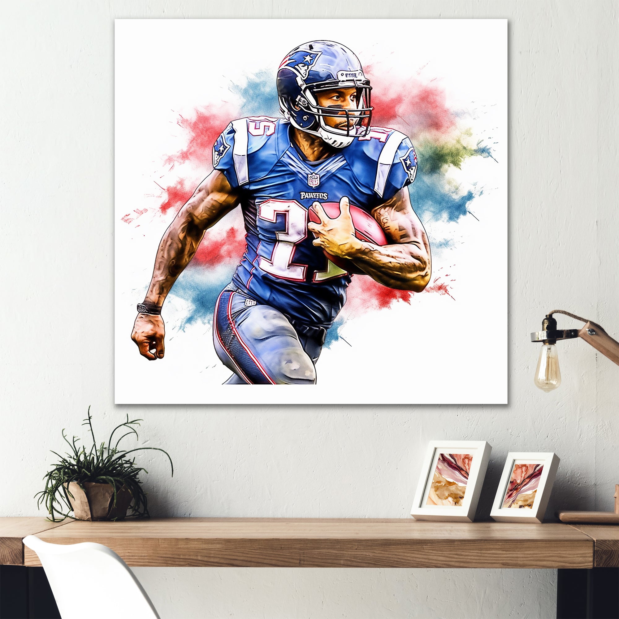 Watercolor Football Player In Action - Football Canvas Wall Art
