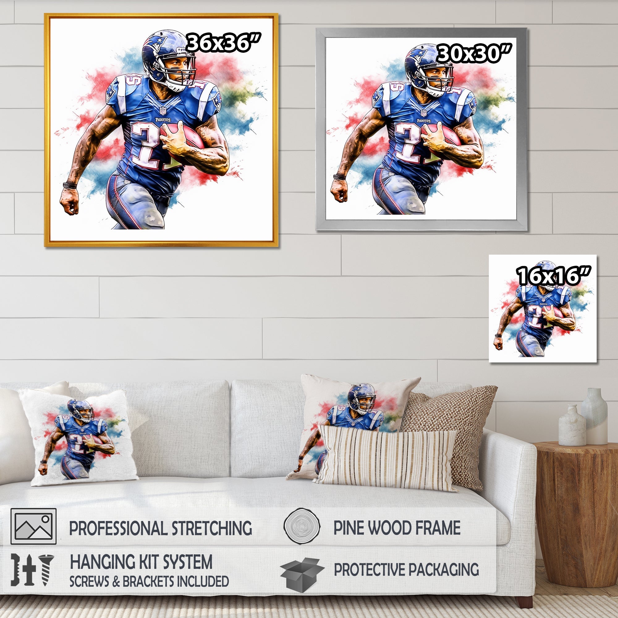 Watercolor Football Player In Action - Football Canvas Wall Art