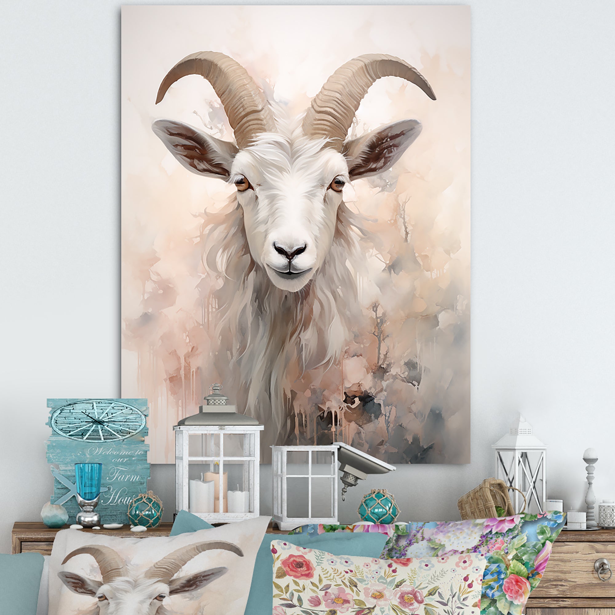Cute Floral Beige Goat - Goat Canvas Wall Art