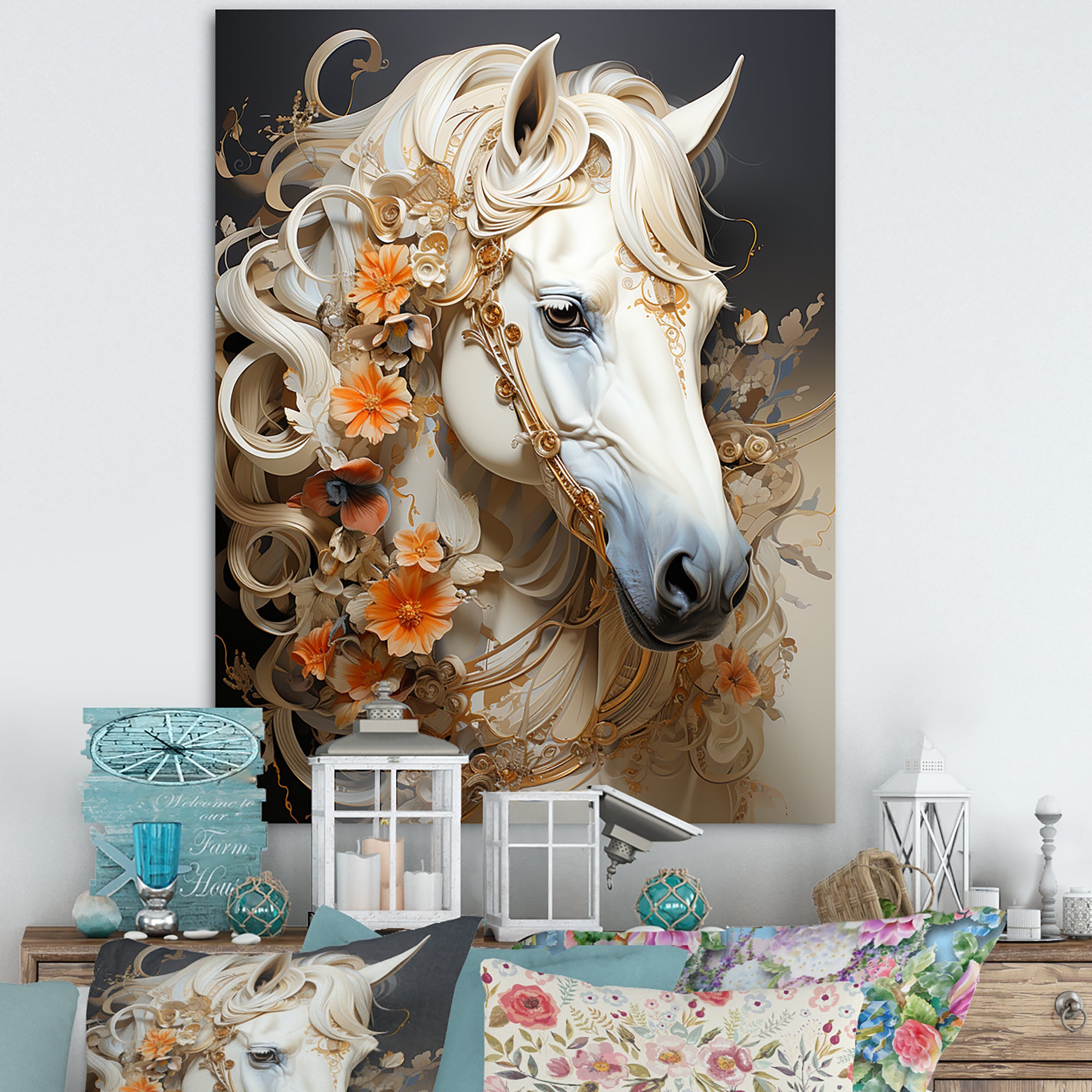 Floral Golden Feminine Horse - Beige Horse Wall Art