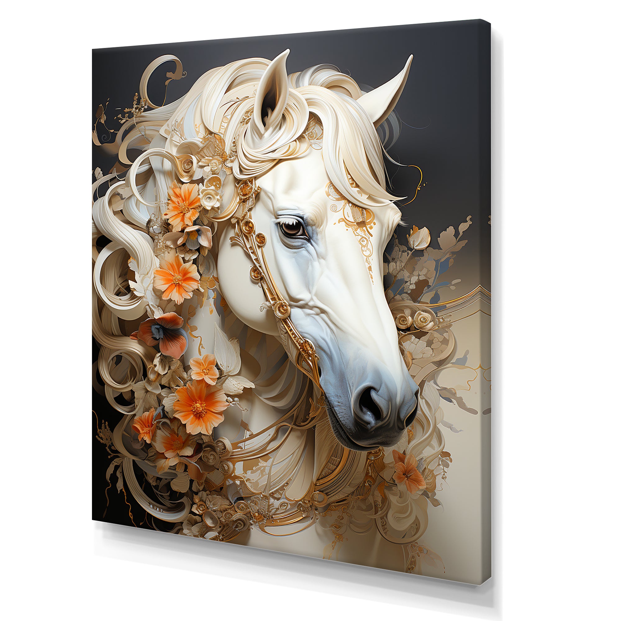 Floral Golden Feminine Horse - Beige Horse Wall Art
