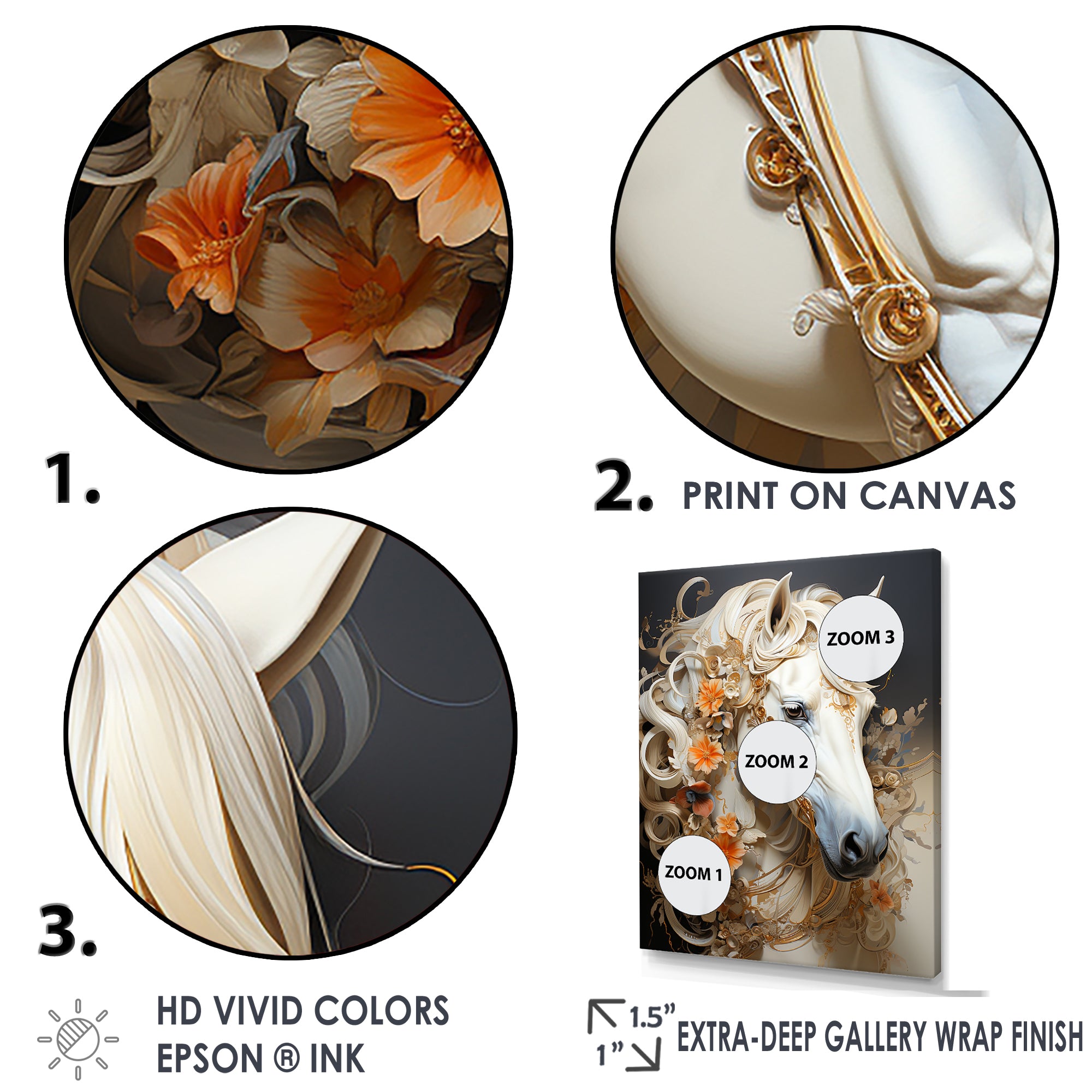 Floral Golden Feminine Horse - Beige Horse Wall Art