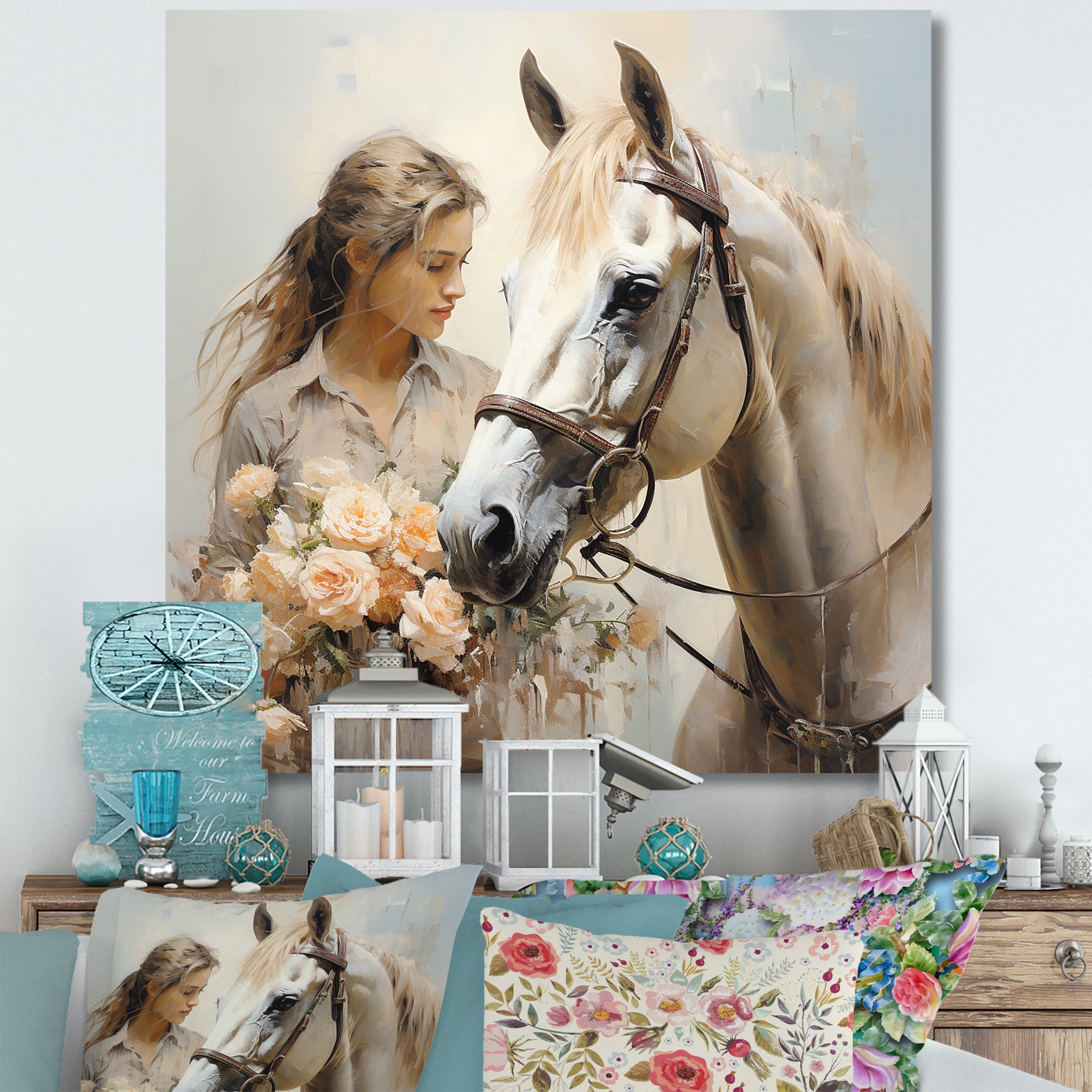 Playful Flower Horse Beauty - Beige Horse Wall Art