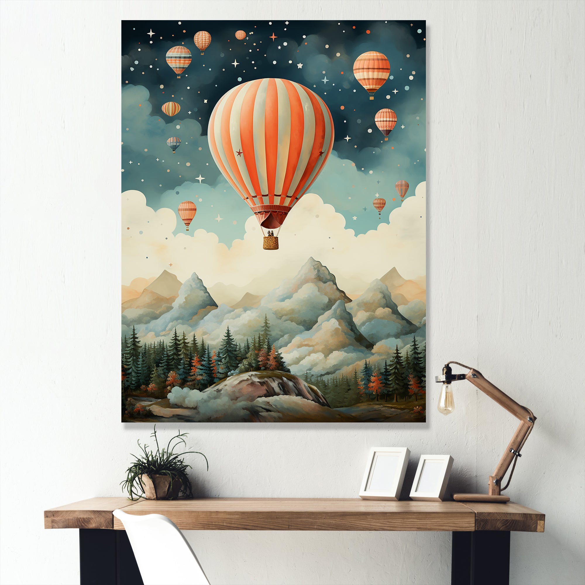 A Classic Art Study Of A Hot Air Balloon In Flight Mountain View - Hot Air Balloon Canvas Wall Art