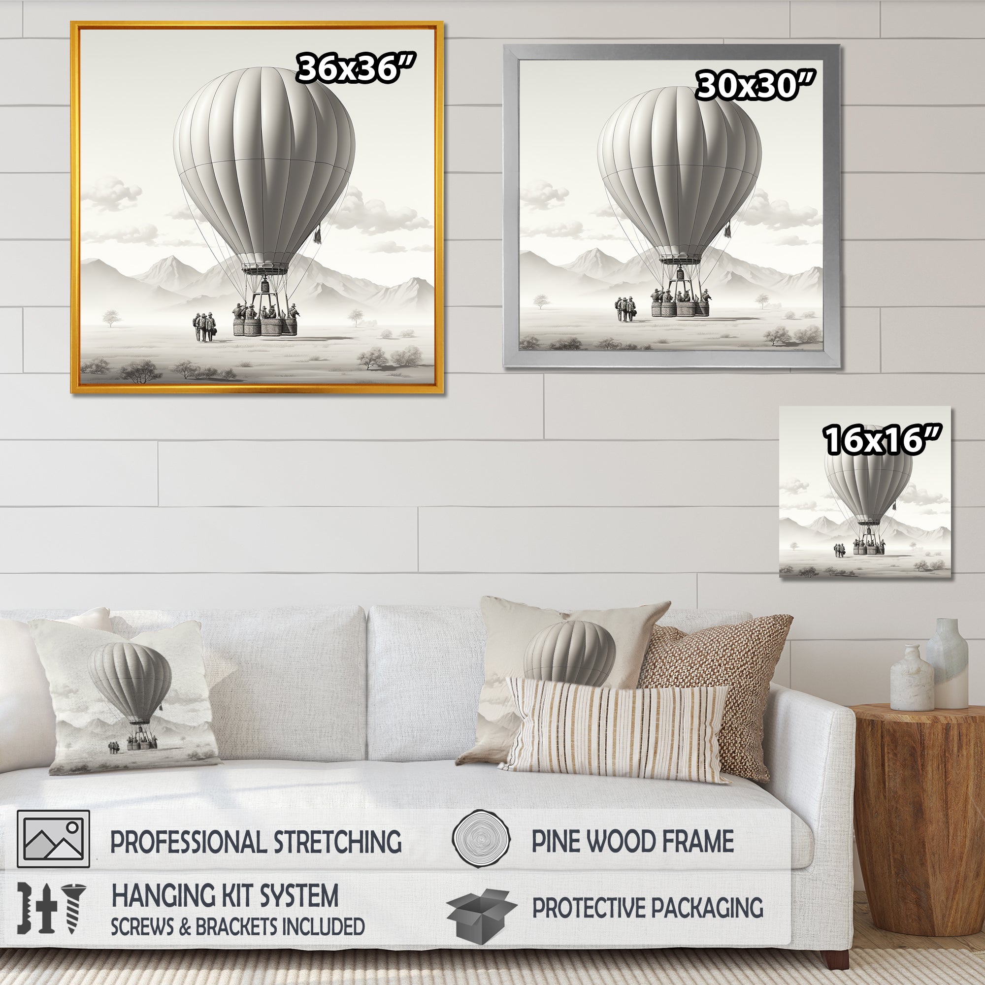 Monochromatic Hot Air Balloon Take Off - Hot Air Balloon Canvas Wall Art