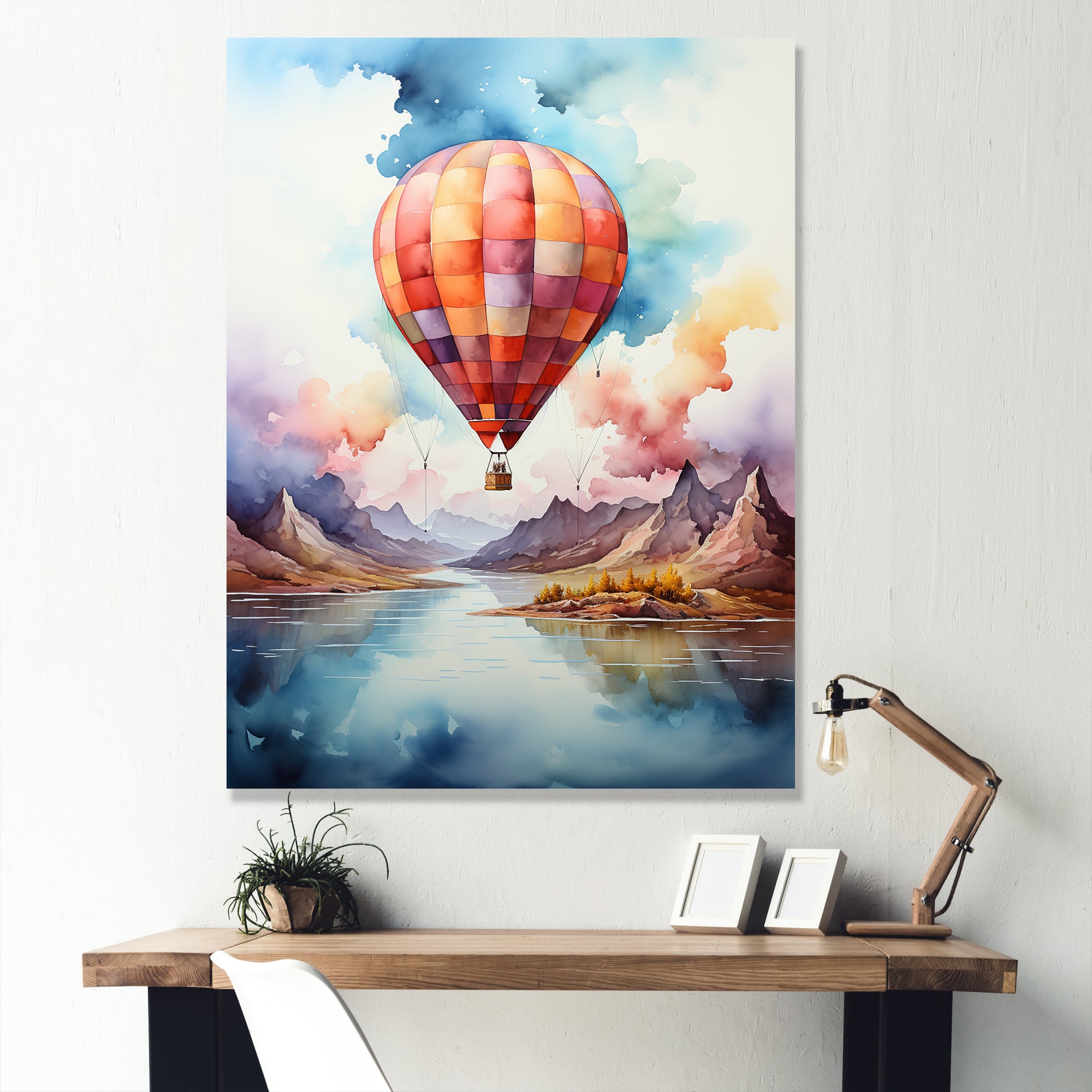 Watercolor Hot Air Balloon Mountain Wonders - Hot Air Balloon Canvas Wall Art