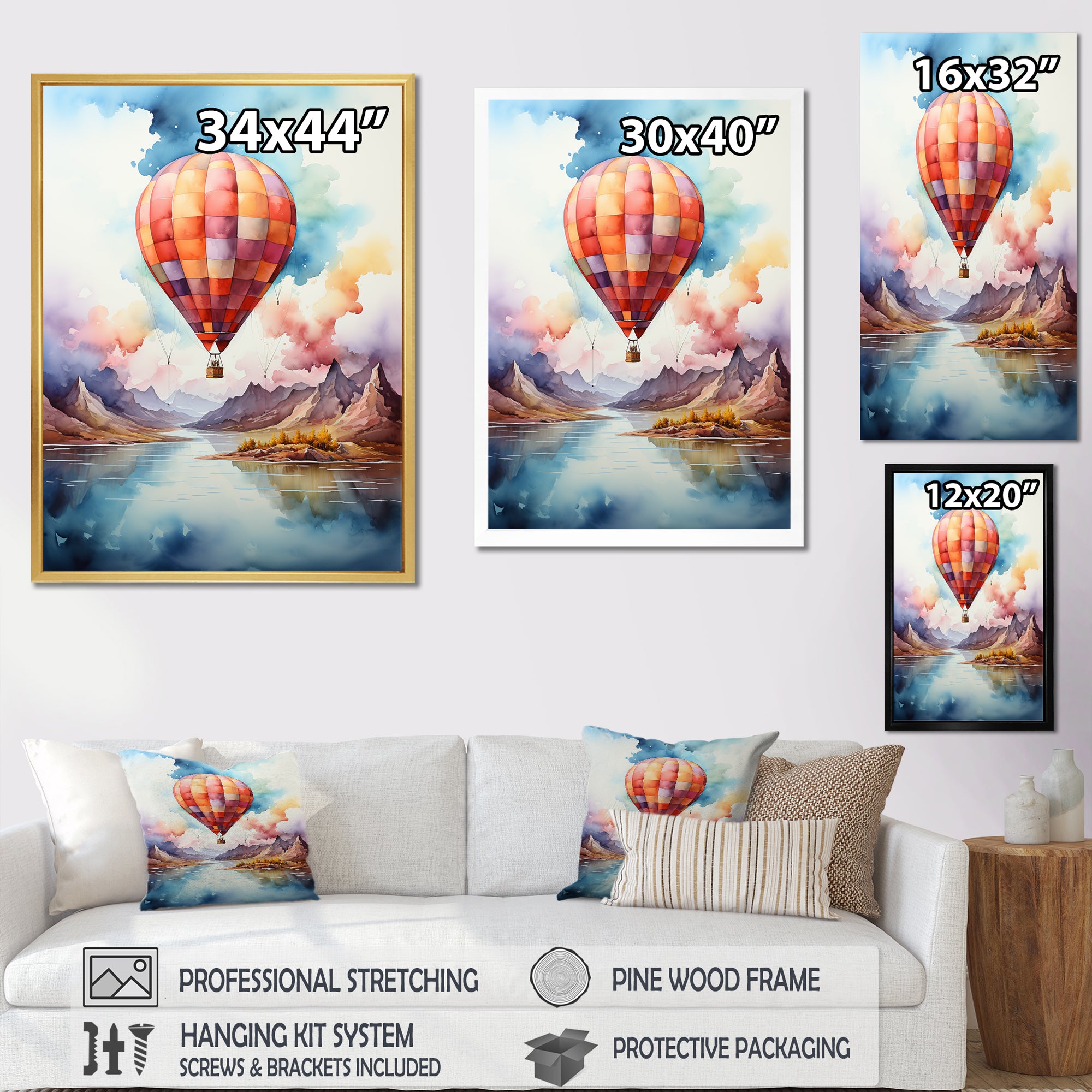 Watercolor Hot Air Balloon Mountain Wonders - Hot Air Balloon Canvas Wall Art