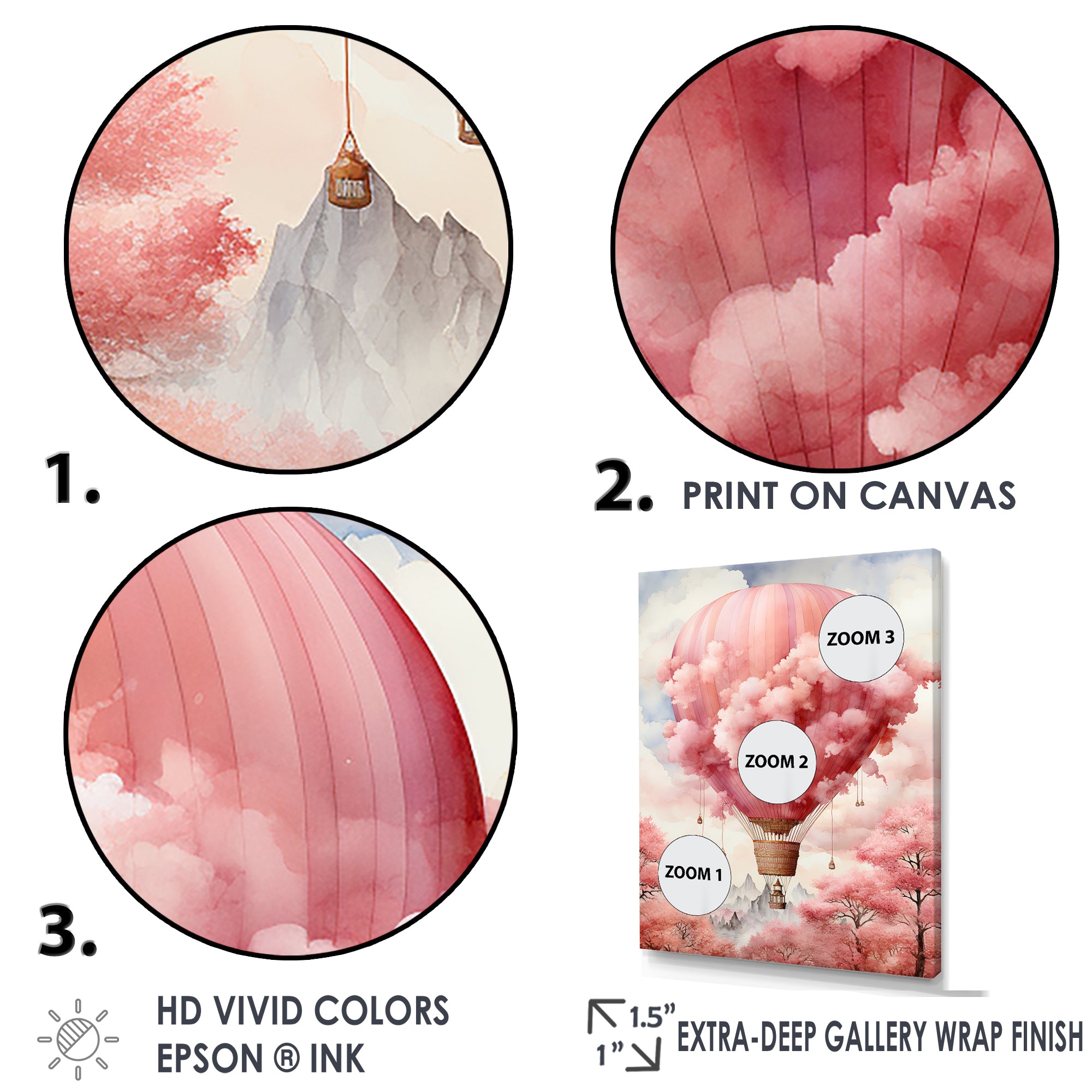 Pink Whimsical Balloon Magic - Hot Air Balloon Canvas Wall Art