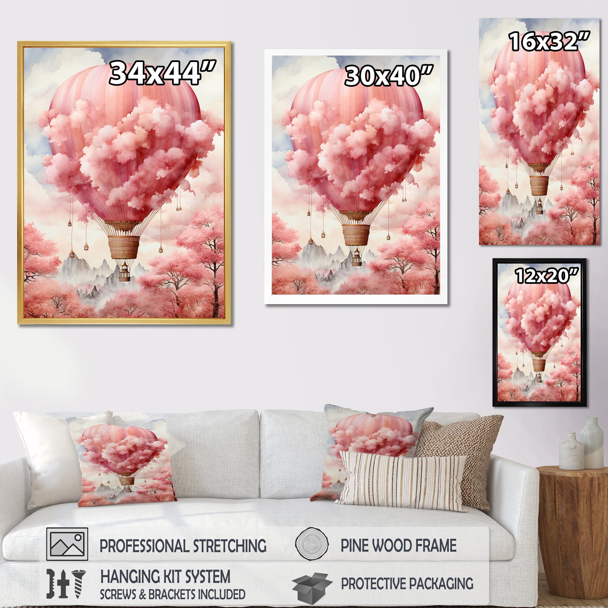 Pink Whimsical Balloon Magic - Hot Air Balloon Canvas Wall Art
