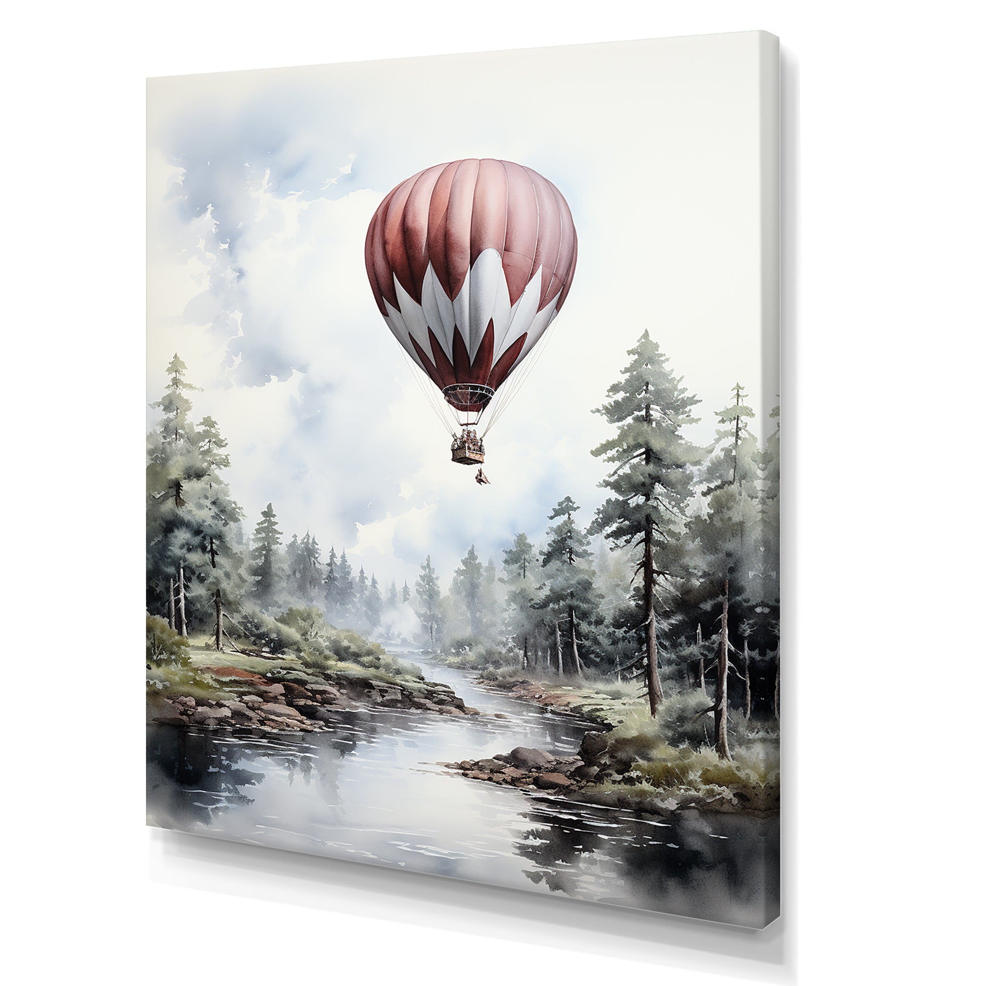 Monochrome Forest Balloon Flight - Hot Air Balloon Canvas Wall Art