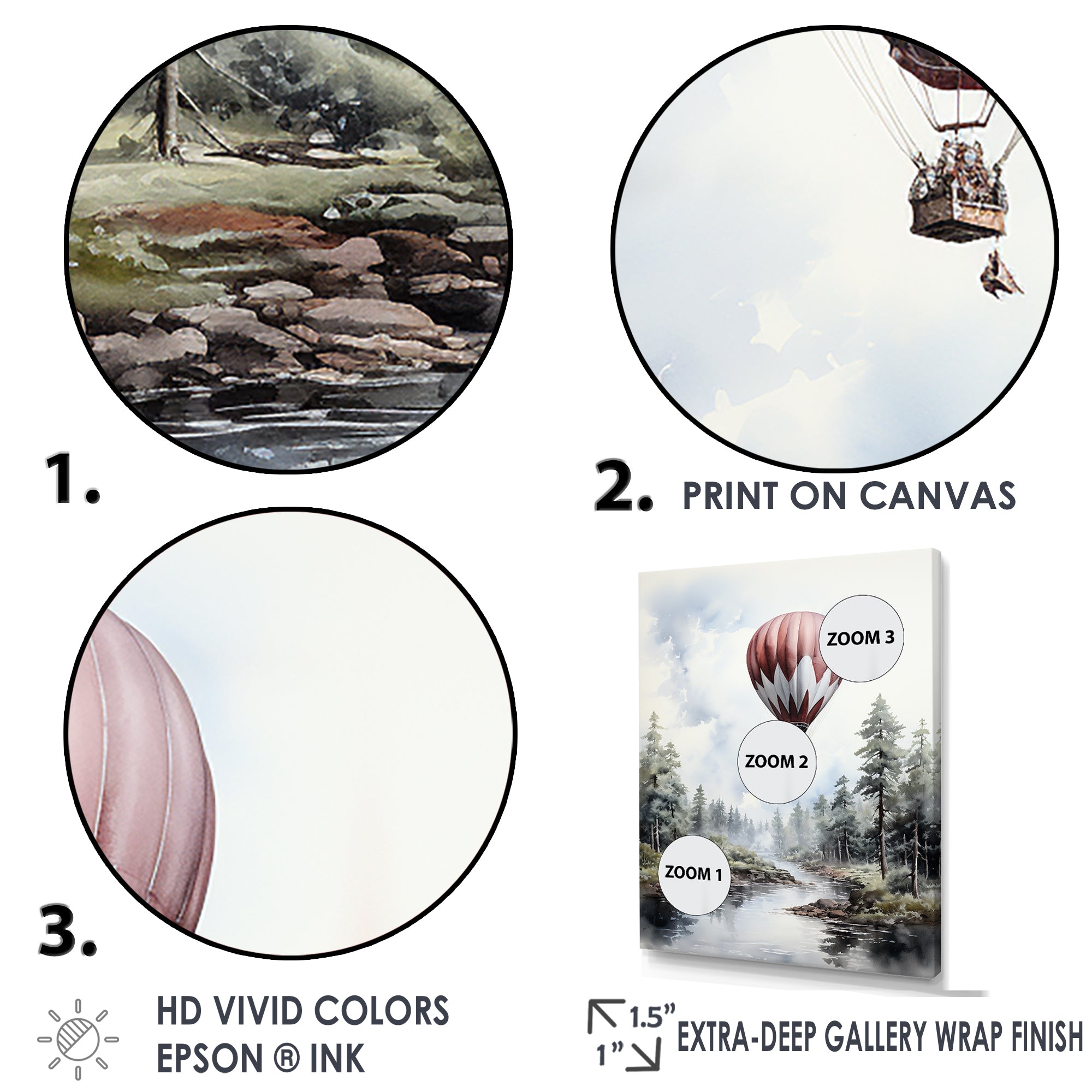 Monochrome Forest Balloon Flight - Hot Air Balloon Canvas Wall Art