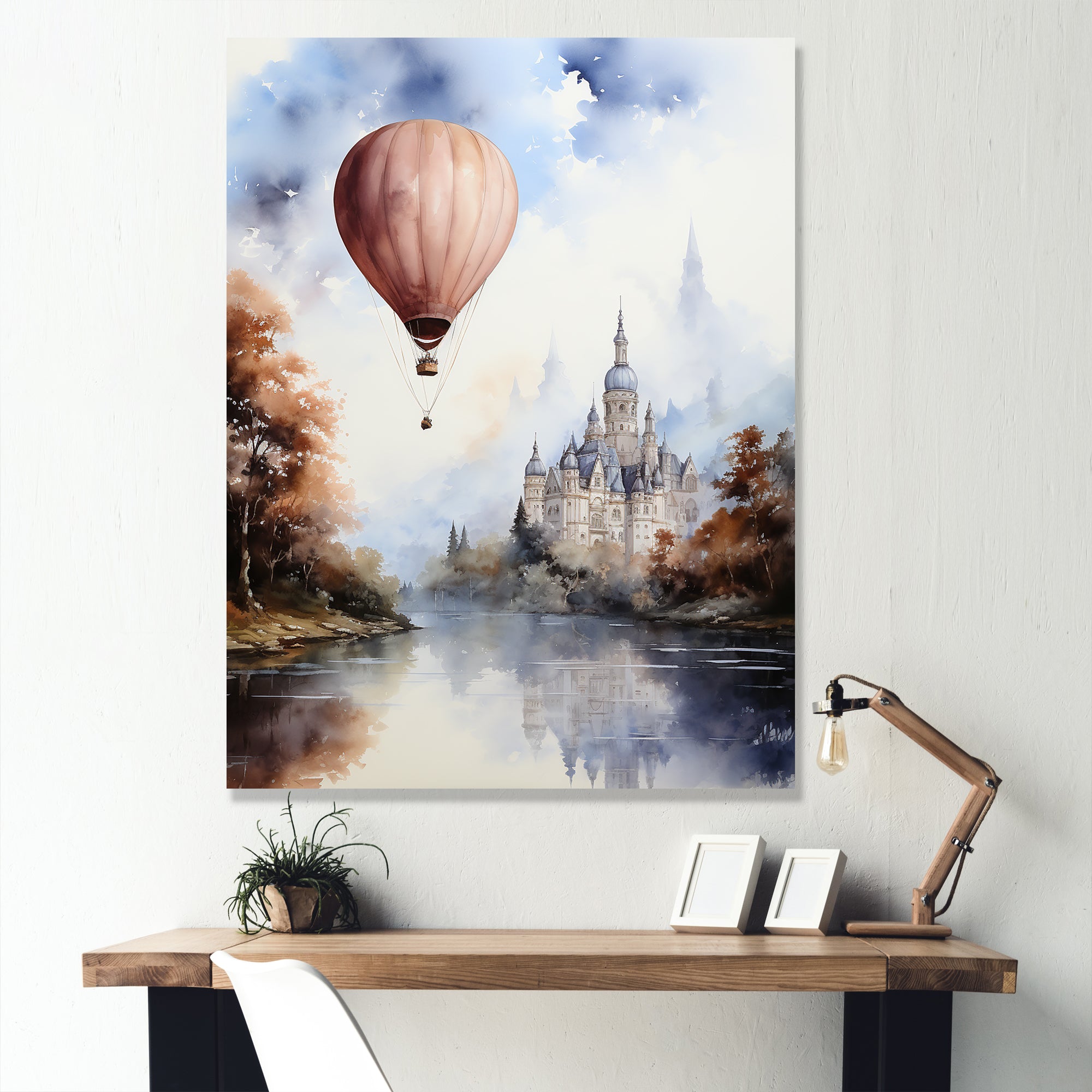Monochrome Castle Balloon Flight - Hot Air Balloon Canvas Wall Art