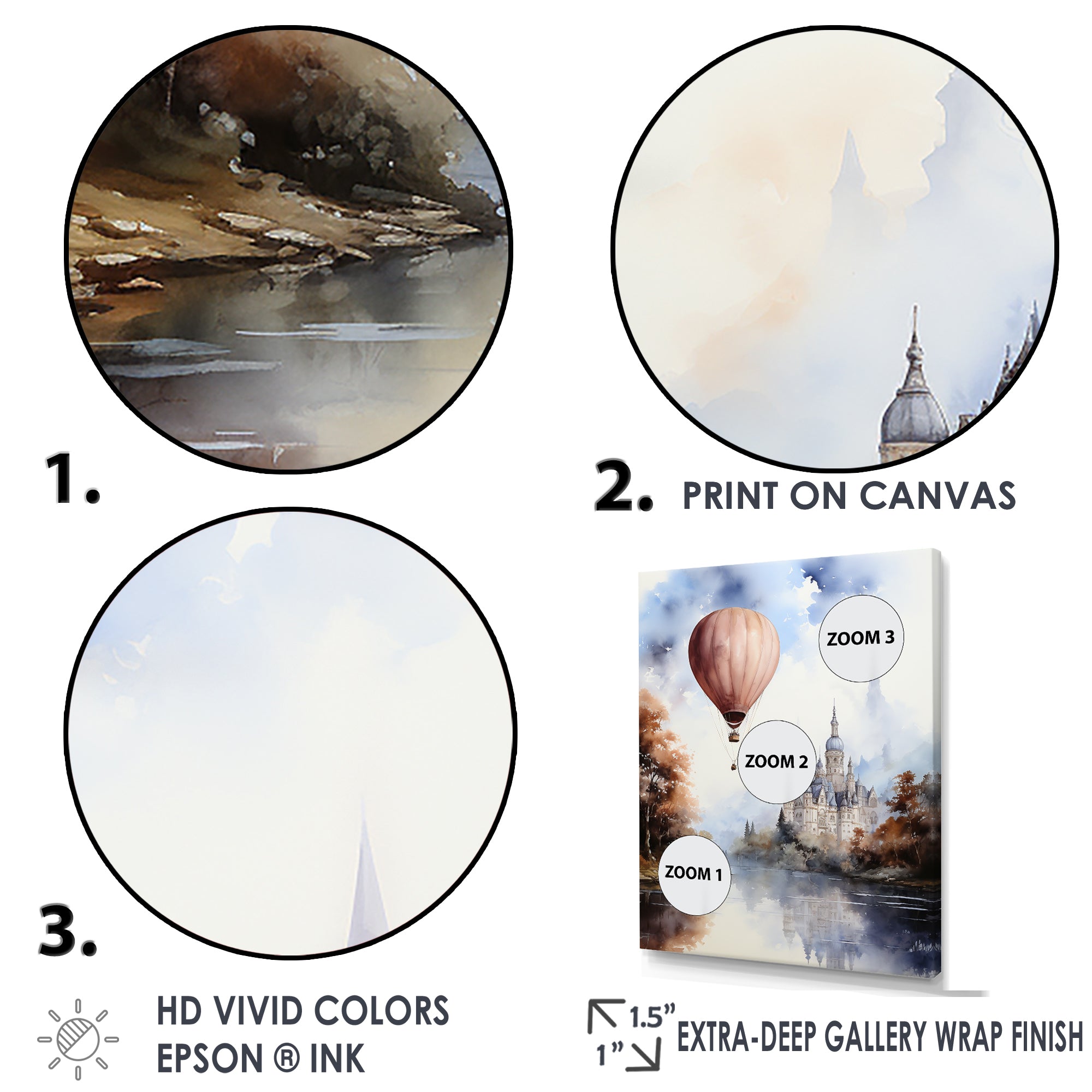 Monochrome Castle Balloon Flight - Hot Air Balloon Canvas Wall Art