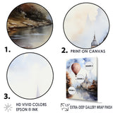 Monochrome Castle Balloon Flight - Hot Air Balloon Canvas Wall Art