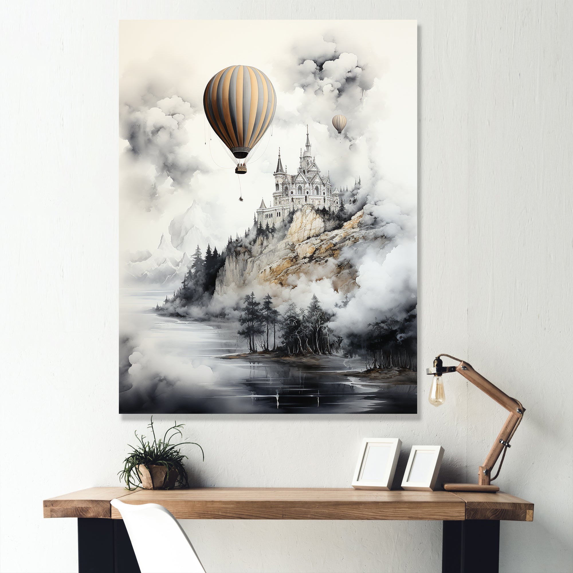 Monochrome Moody Castle Balloon Flight - Hot Air Balloon Canvas Wall Art