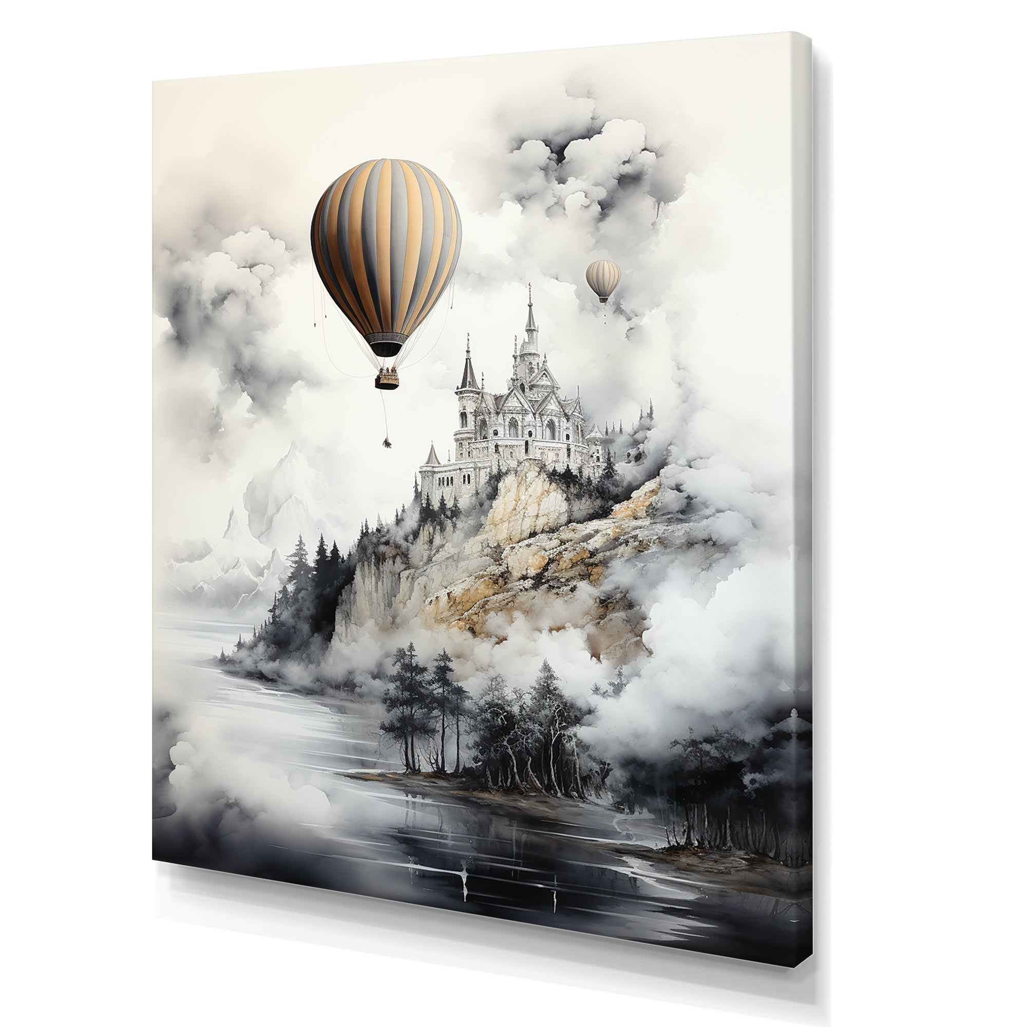 Monochrome Moody Castle Balloon Flight - Hot Air Balloon Canvas Wall Art
