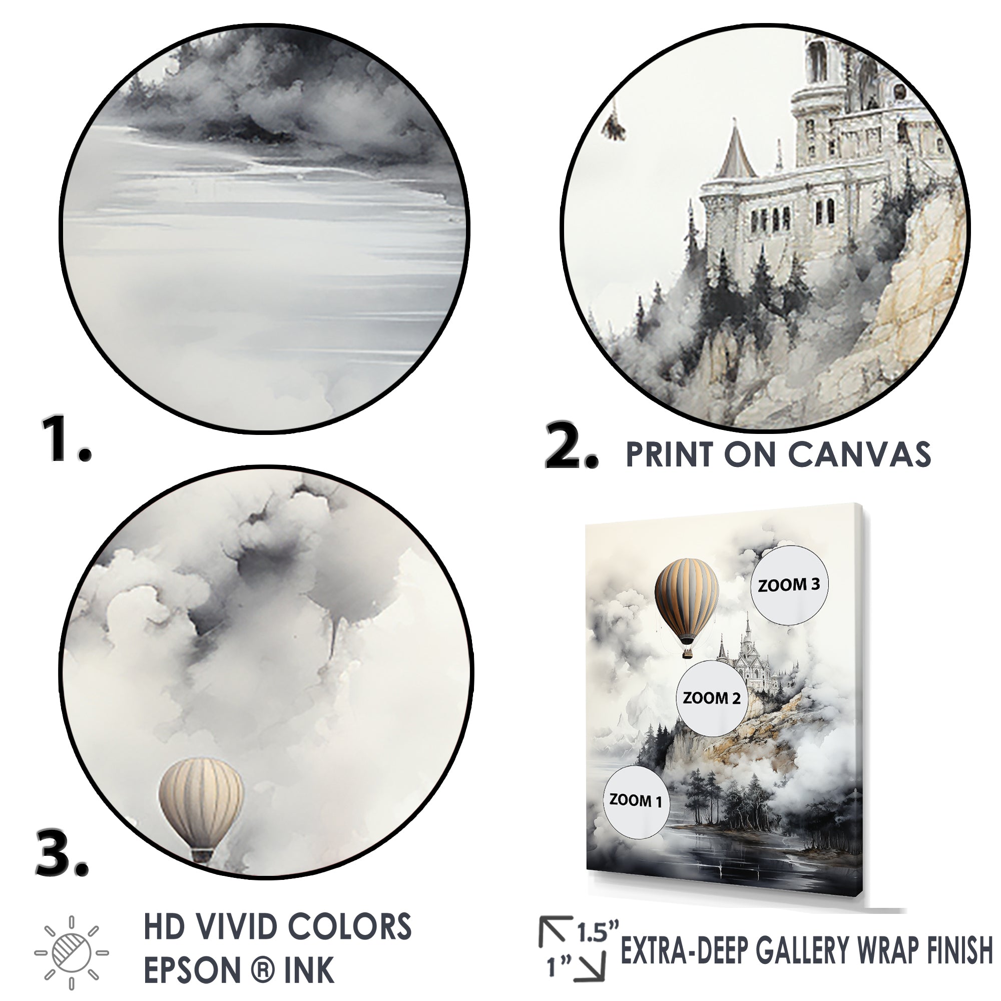 Monochrome Moody Castle Balloon Flight - Hot Air Balloon Canvas Wall Art