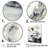 Monochrome Moody Castle Balloon Flight - Hot Air Balloon Canvas Wall Art