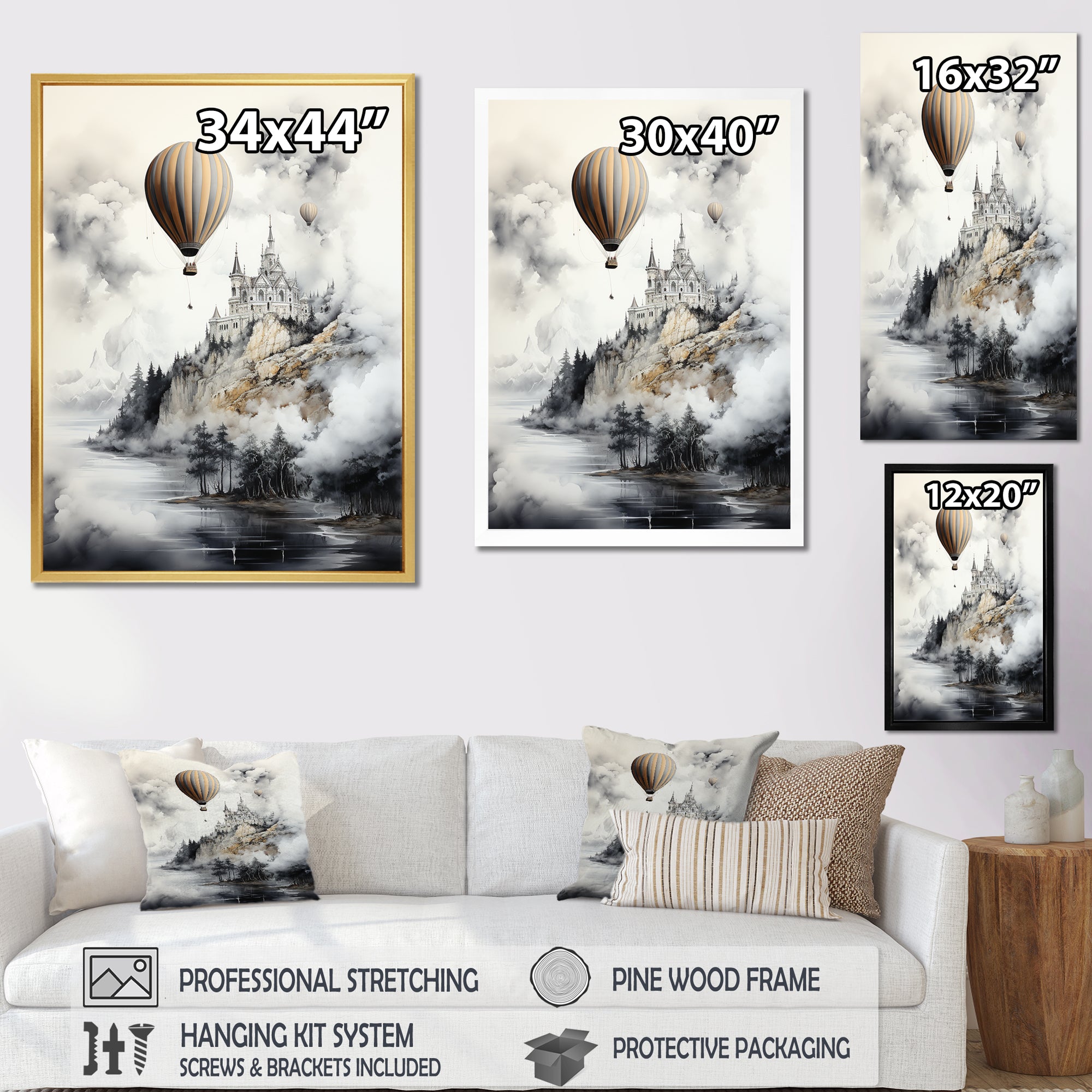 Monochrome Moody Castle Balloon Flight - Hot Air Balloon Canvas Wall Art