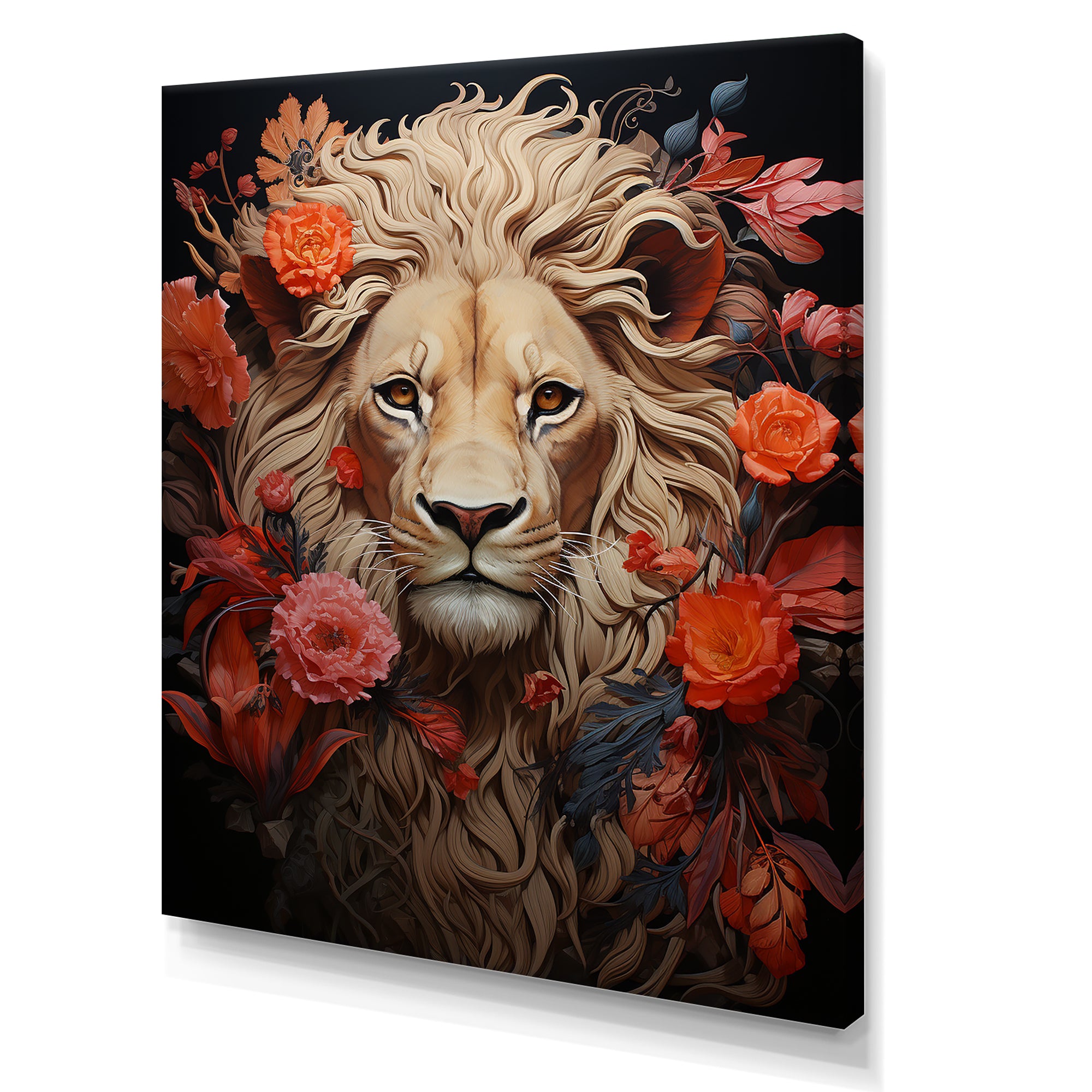 Fierce Guardian Blooming Lion - Lion Framed Canvas Art
