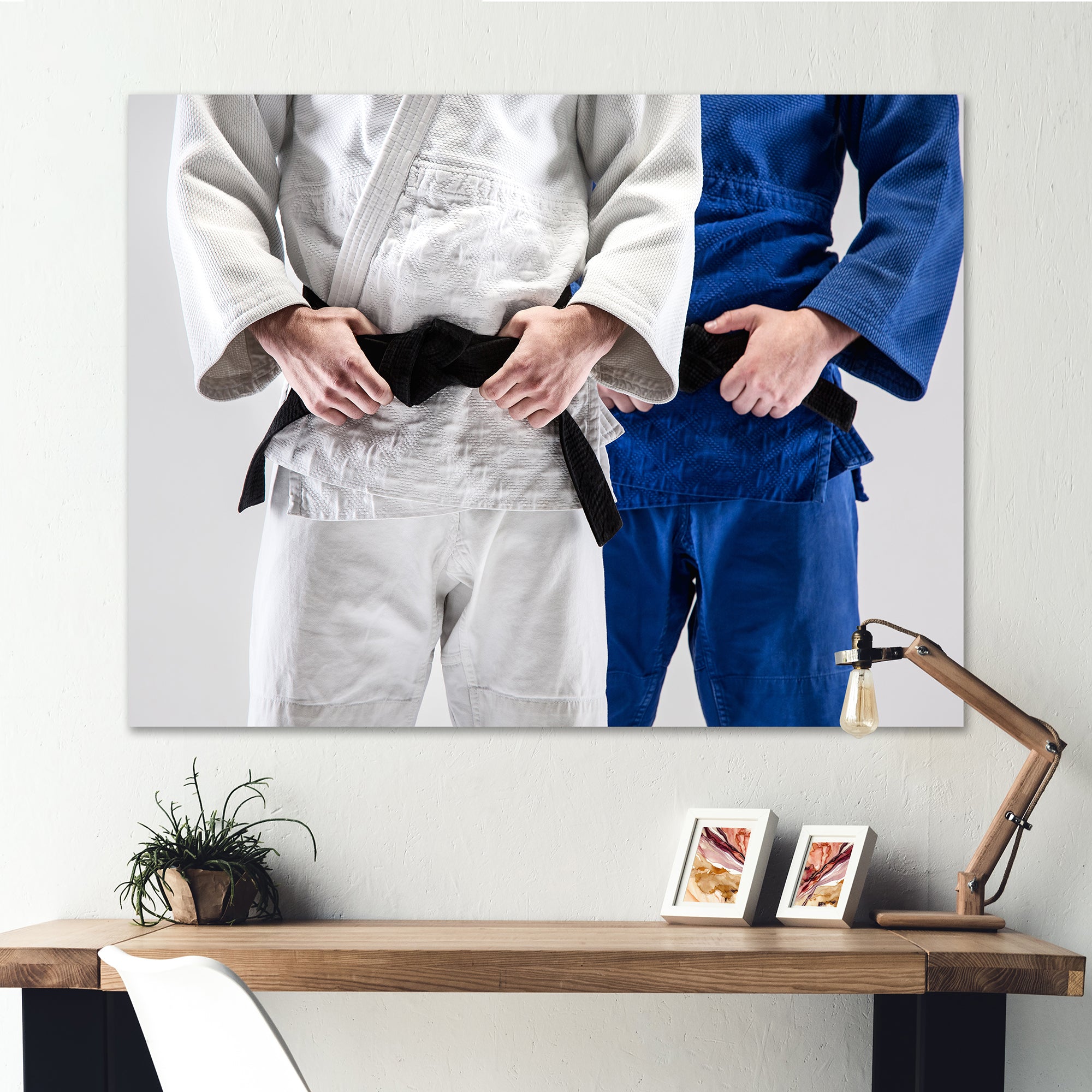 Fighting Judokas Fight Pose Black Belts. - Martial Arts Canvas Wall Art