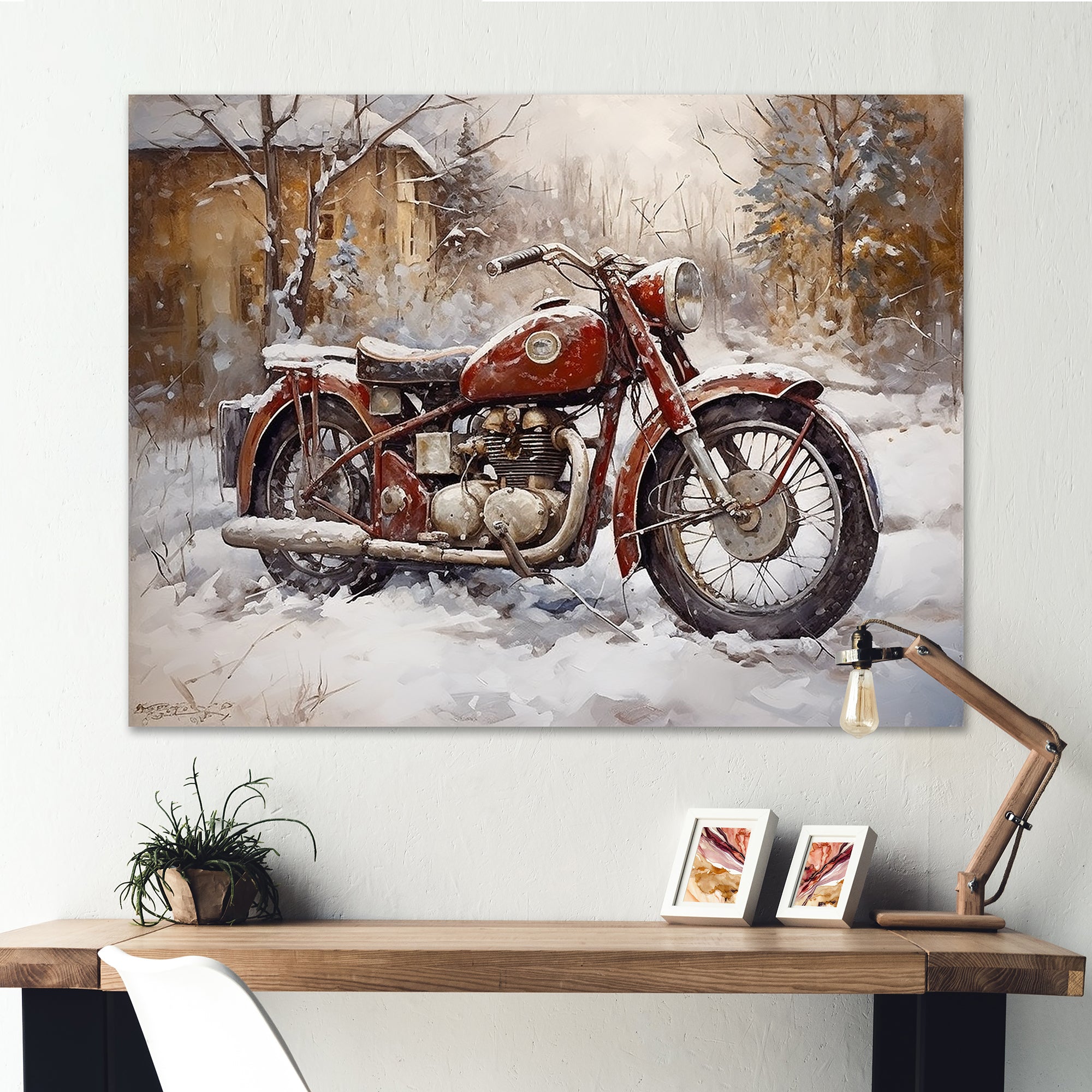 Red Rustic Bike In Winter - Motorcycle Canvas Wall Art