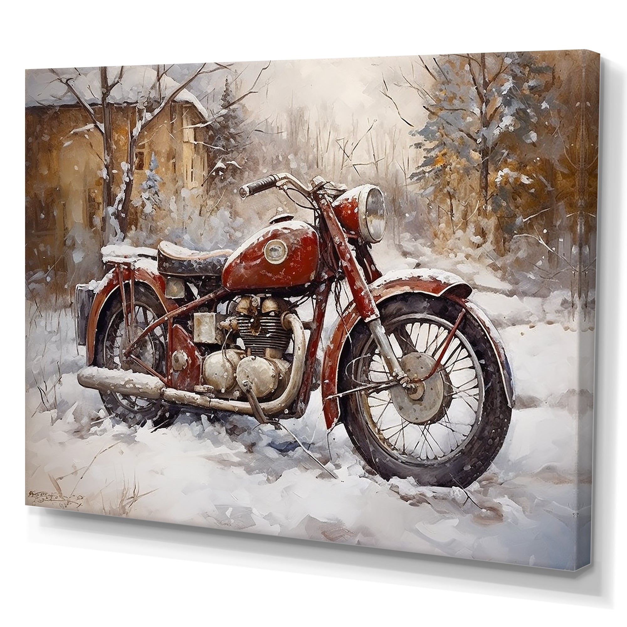 Red Rustic Bike In Winter - Motorcycle Canvas Wall Art