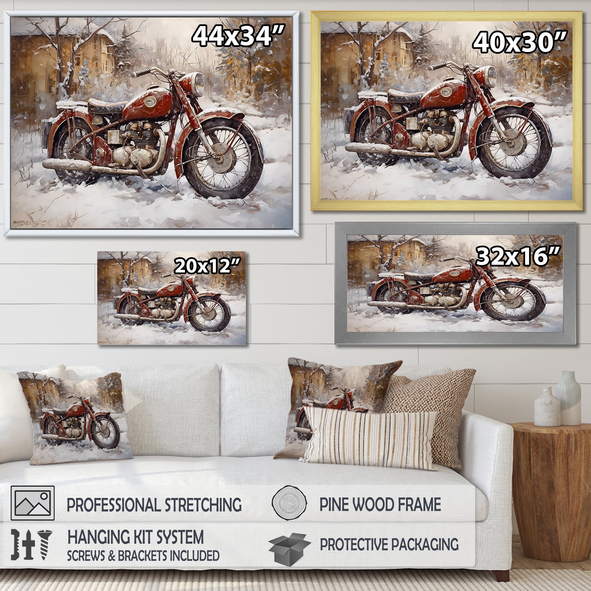 Red Rustic Bike In Winter - Motorcycle Canvas Wall Art