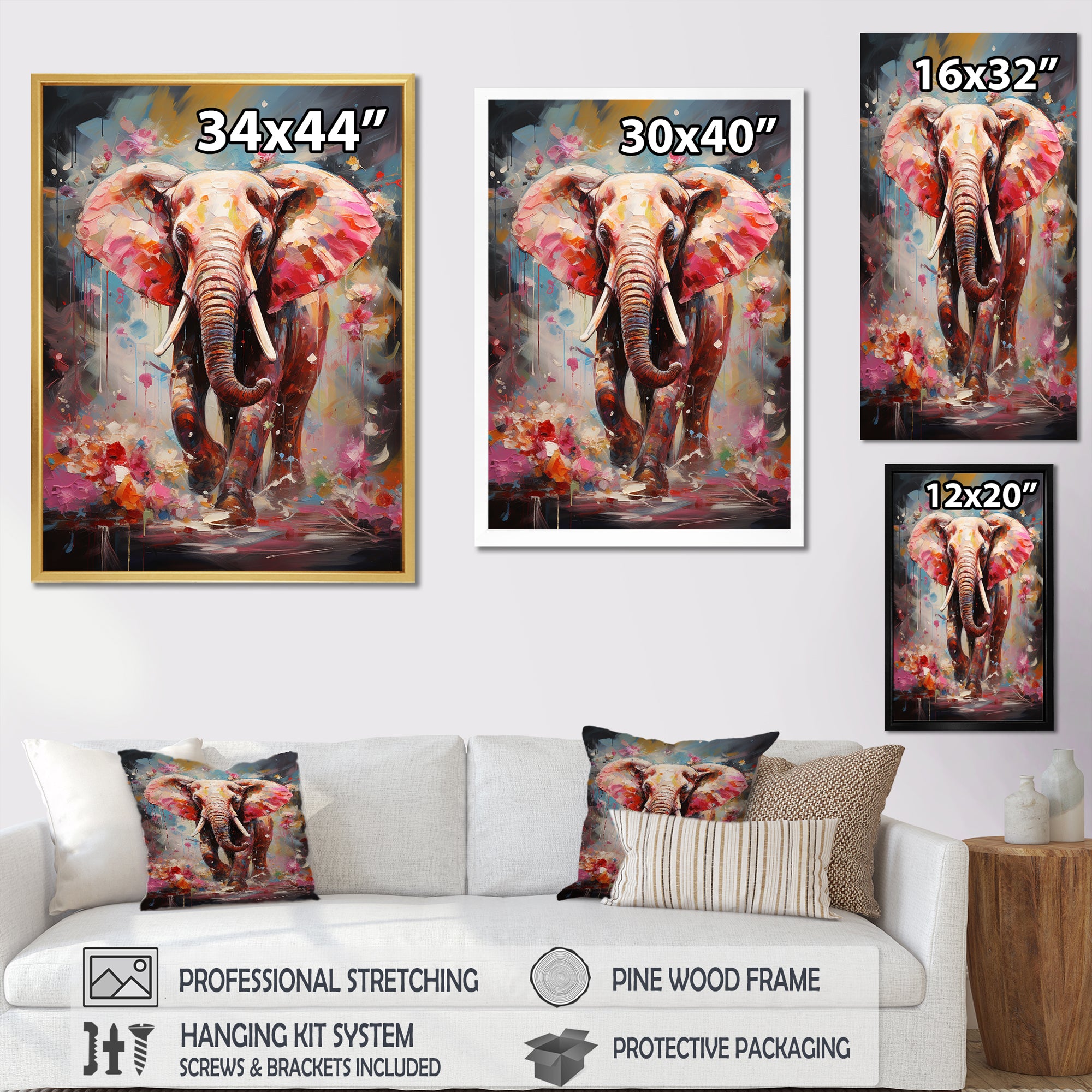 Pink Elephant Stampede - Elephant Home Decor Art