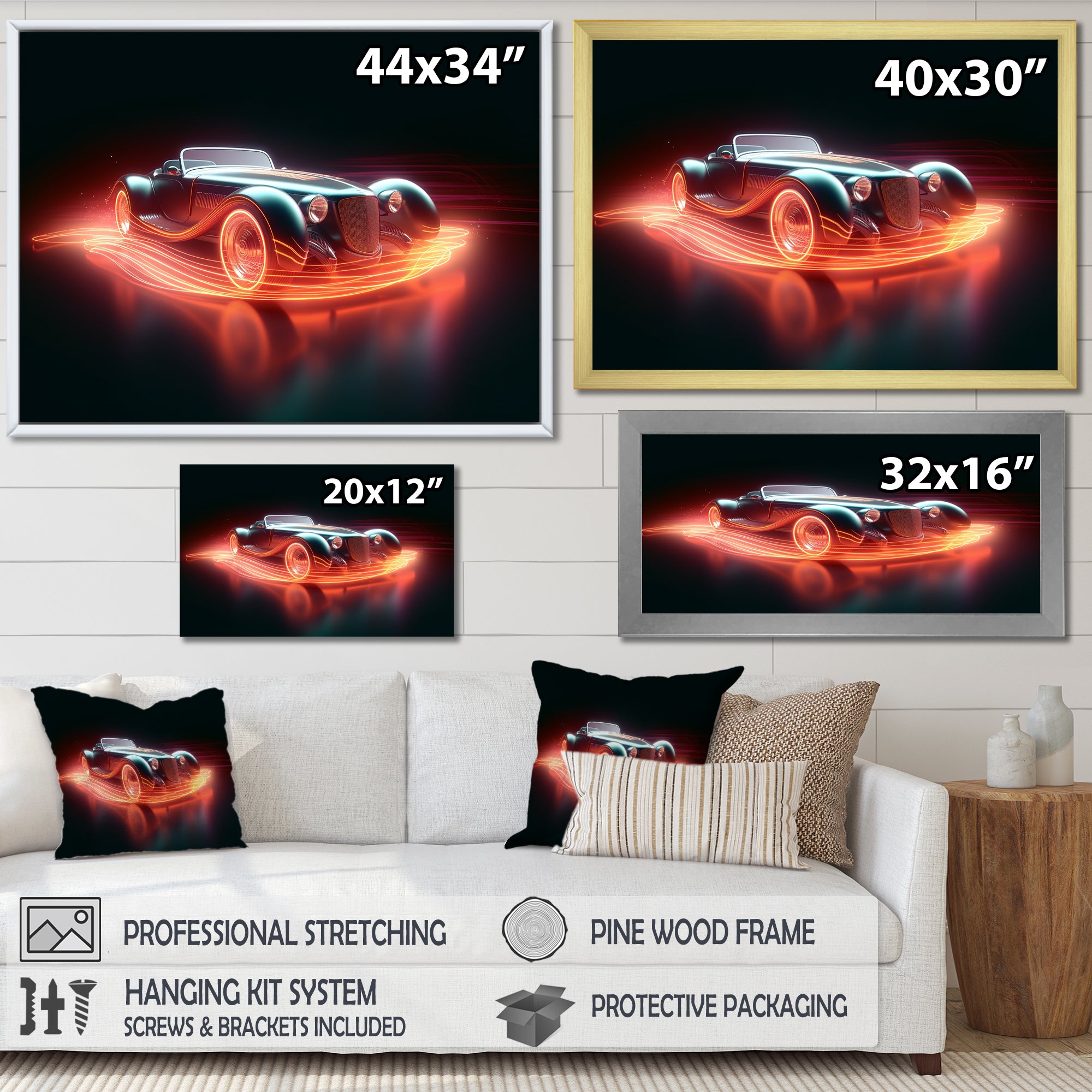 Neon Light Strips Roadster - Classic Cars Canvas Wall Art