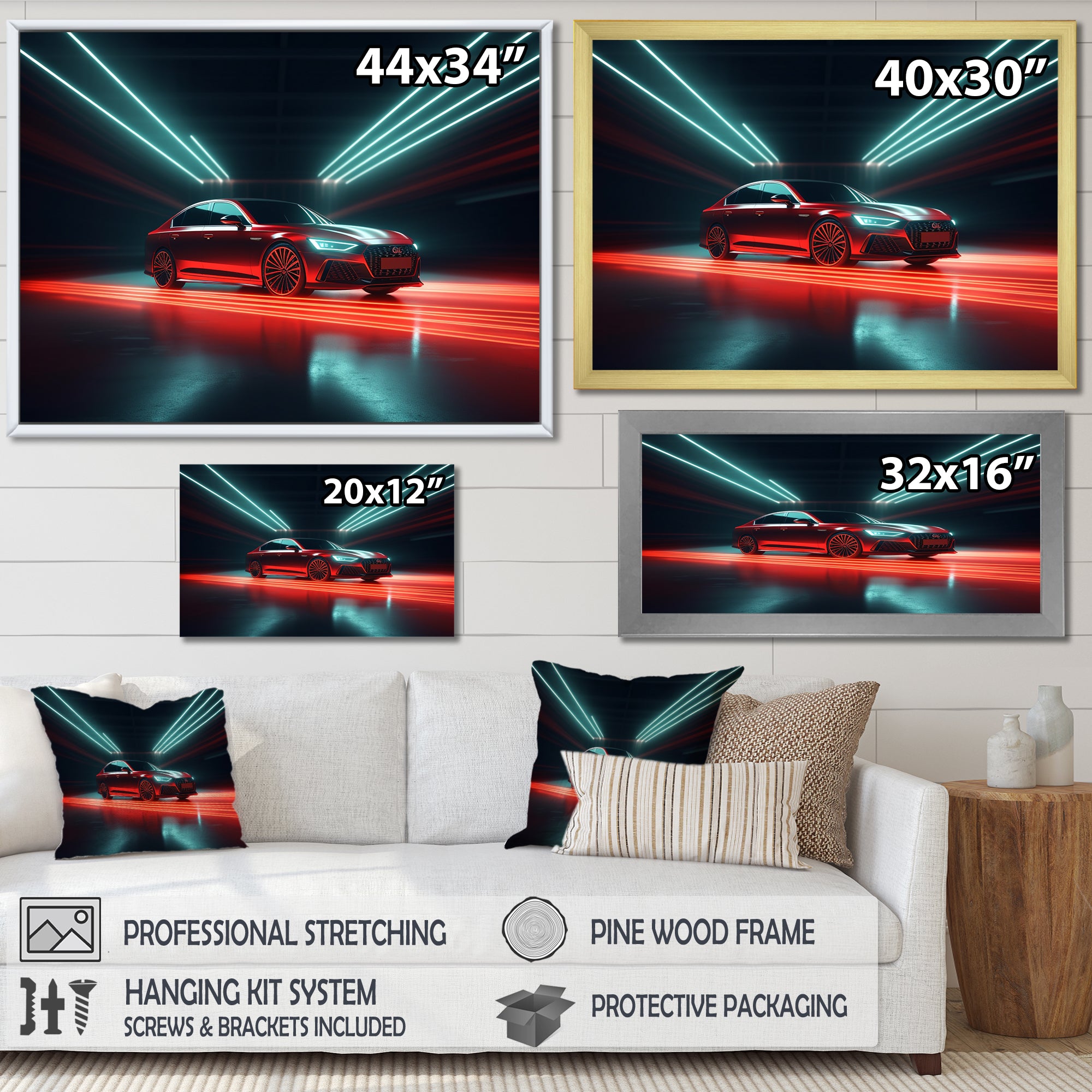 Neon Light Strips Around Red Sedan - Car/Van Canvas Wall Art