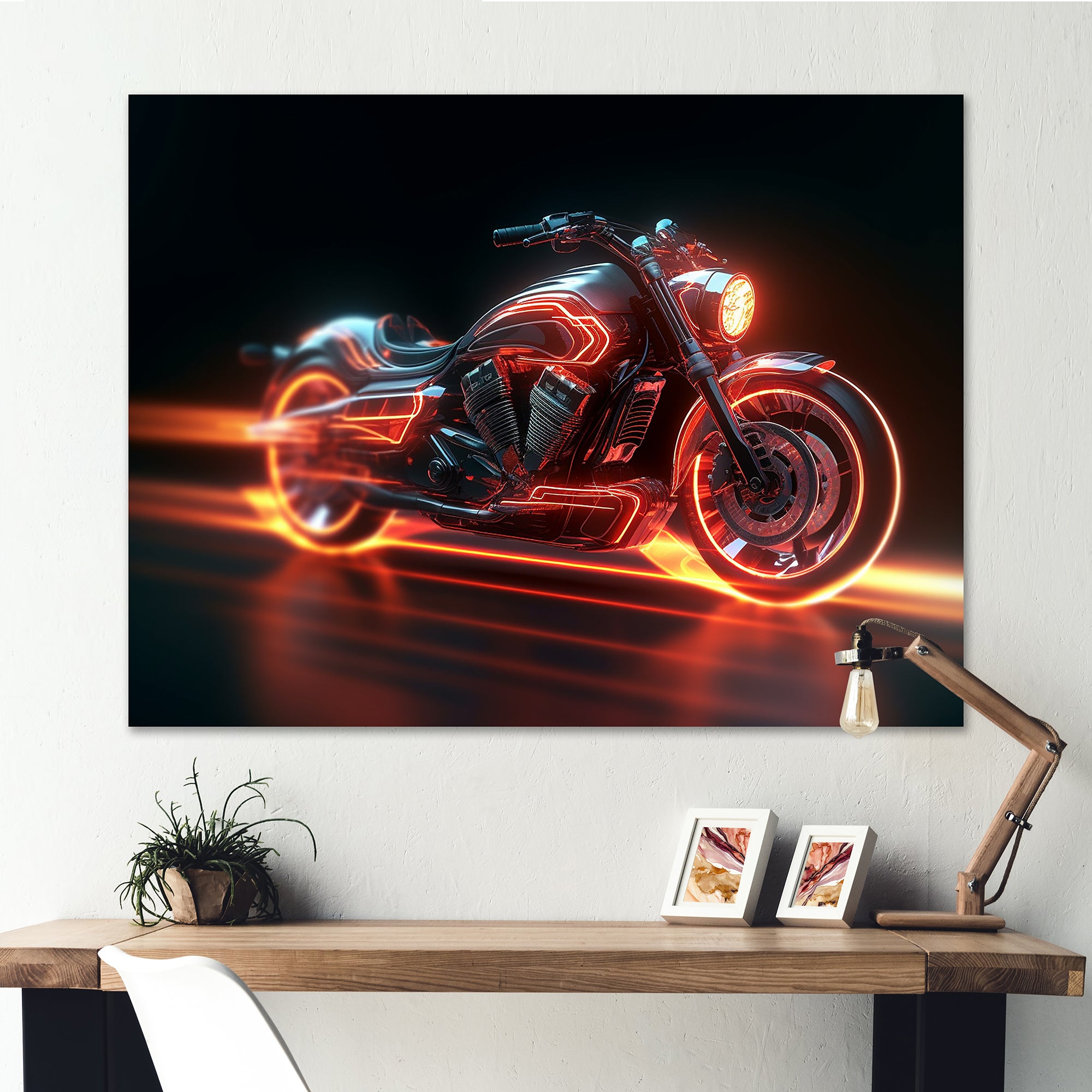 Neon Light Strips Around Silver Motorcycle - Car/Van Canvas Wall Art