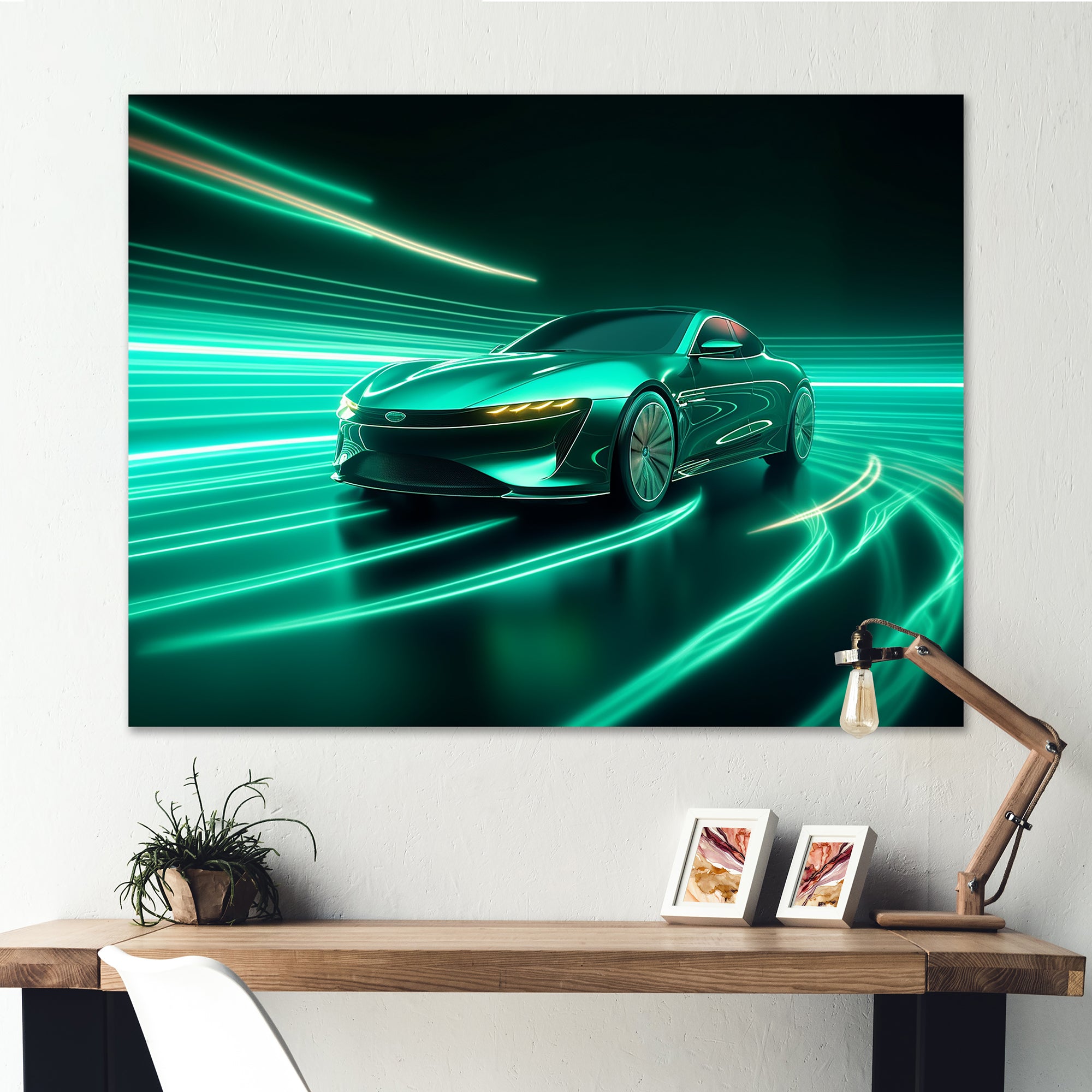 Neon Light Strips Teal Hybrid Car - Car Exotic Canvas Wall Art
