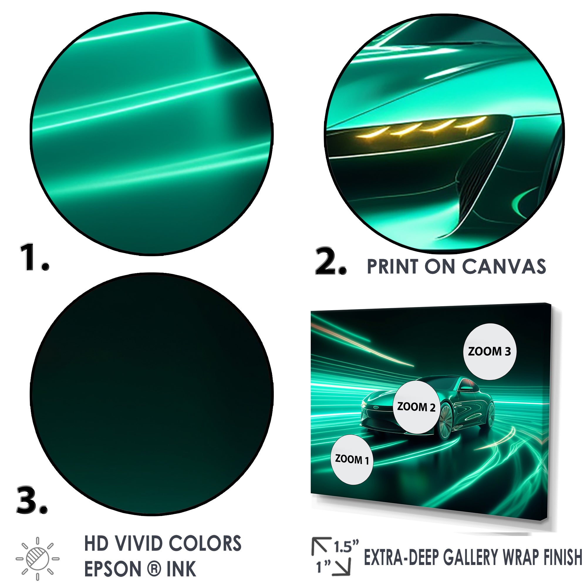 Neon Light Strips Teal Hybrid Car - Car Exotic Canvas Wall Art