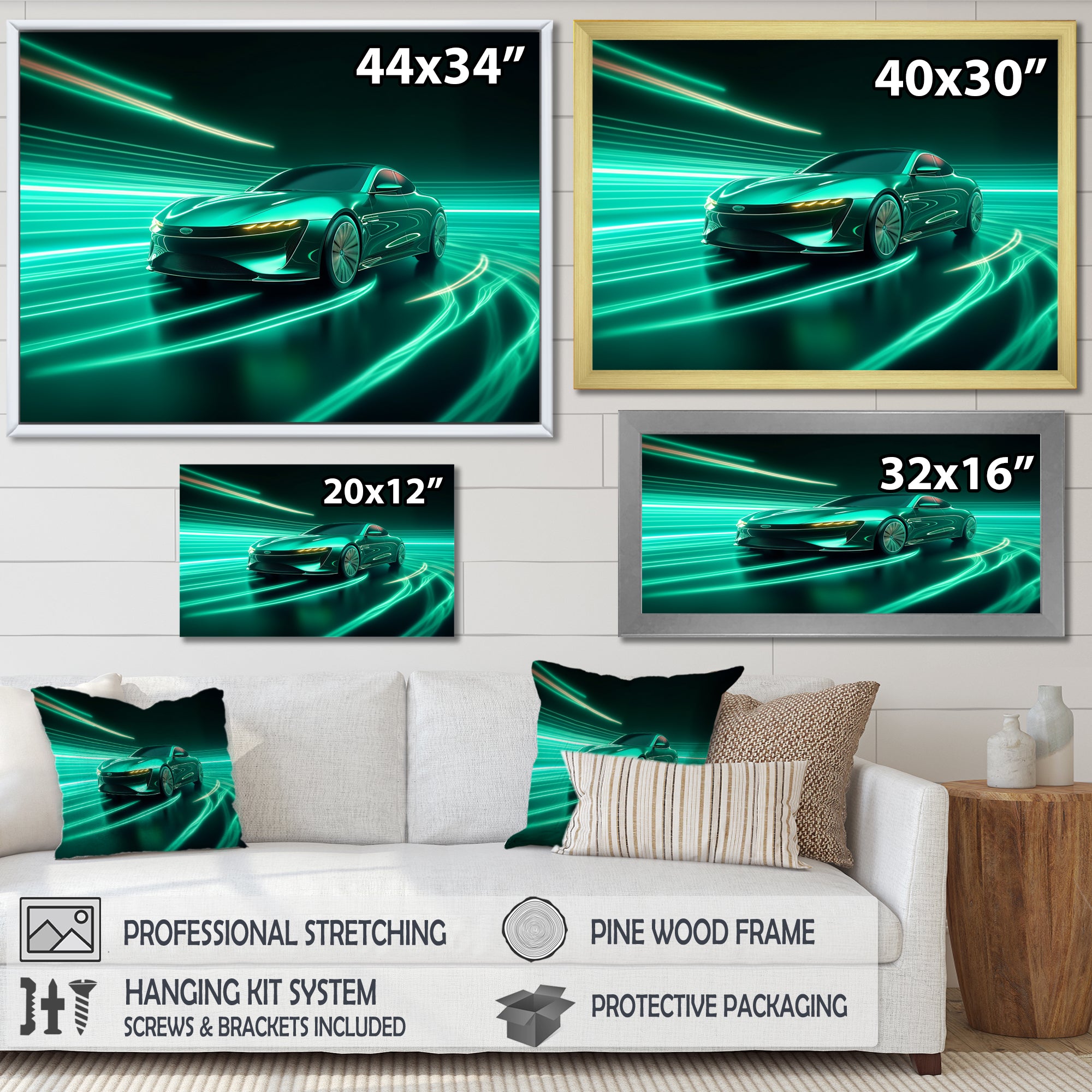 Neon Light Strips Teal Hybrid Car - Car Exotic Canvas Wall Art