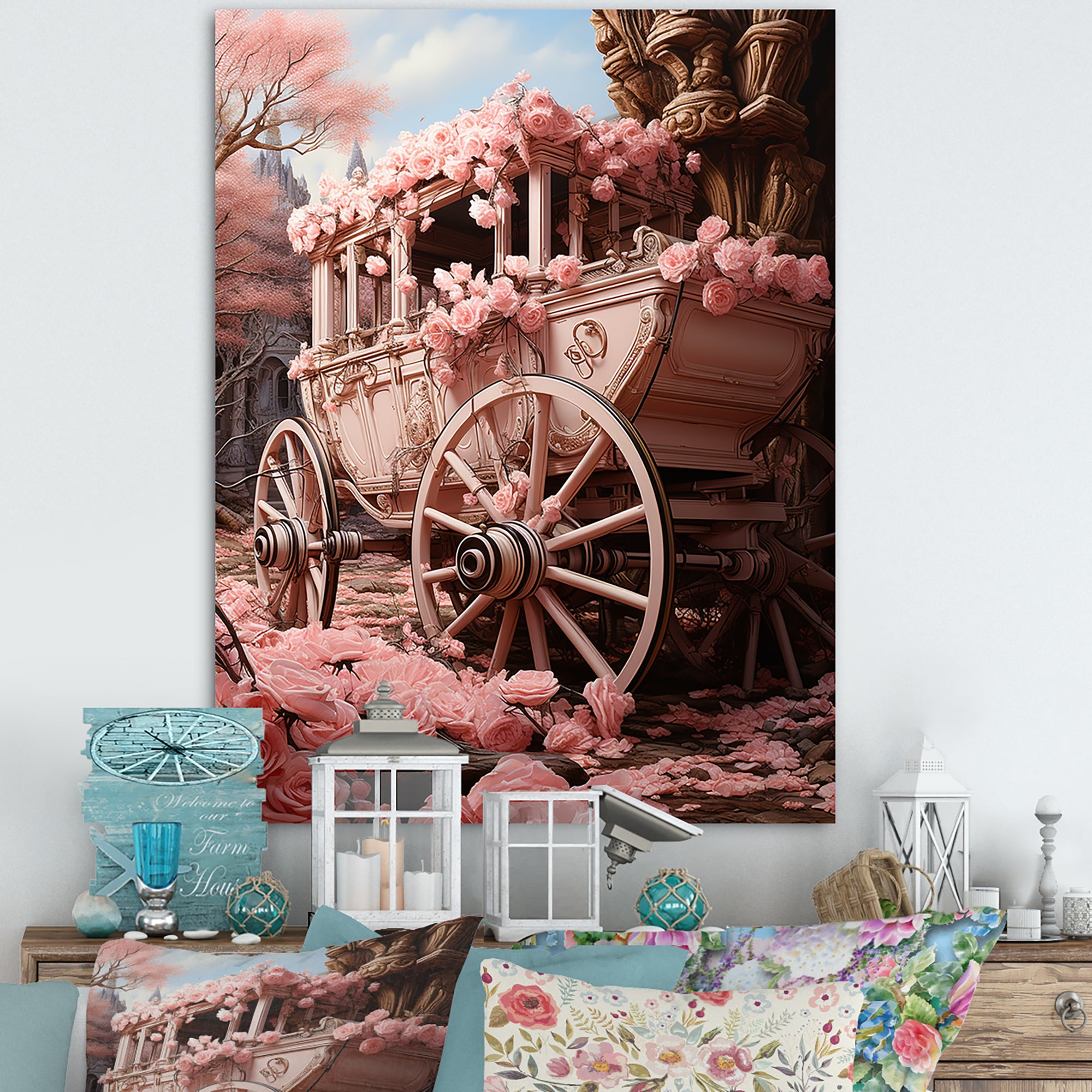 Romanticism Pink Wedding Carriage - Old American Cart Canvas Wall Art