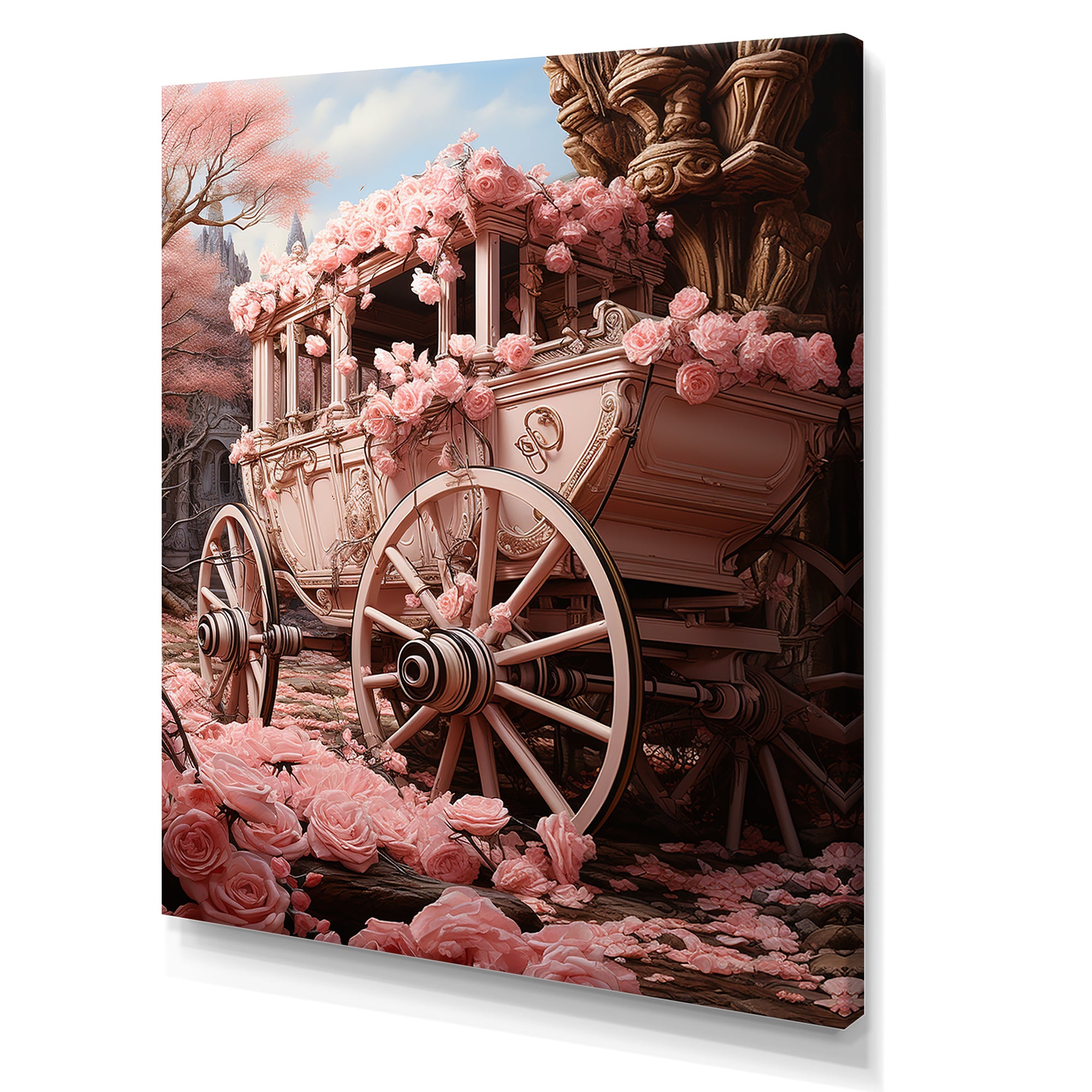 Romanticism Pink Wedding Carriage - Old American Cart Canvas Wall Art