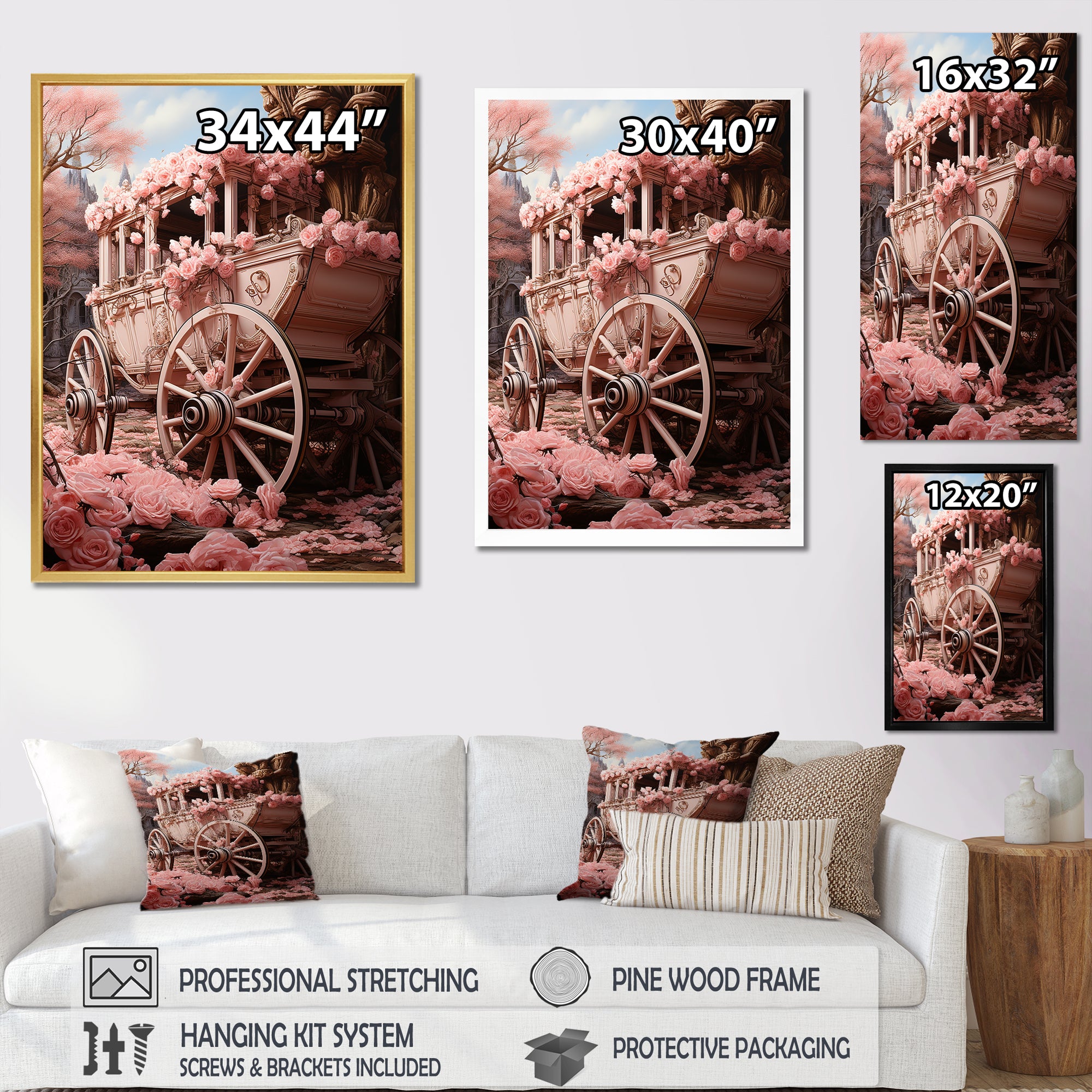 Romanticism Pink Wedding Carriage - Old American Cart Canvas Wall Art