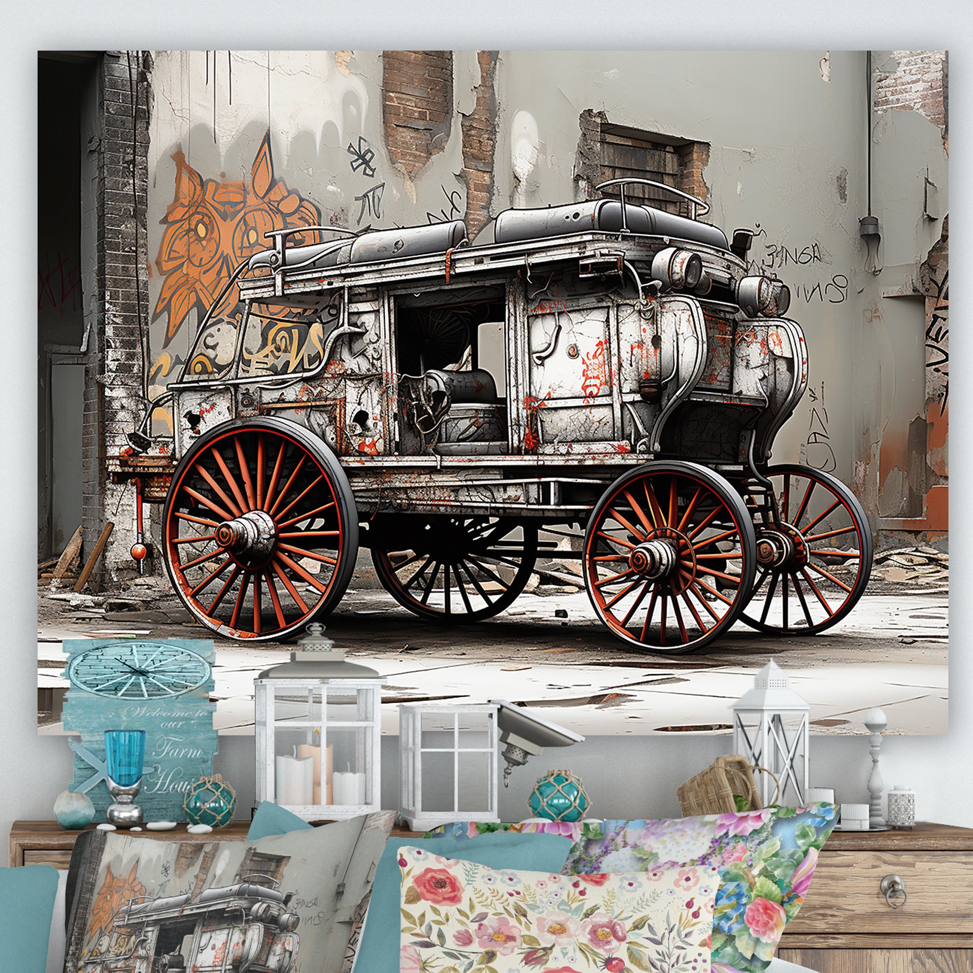 Street Art Vintage Carriage Cart - Old American Cart Canvas Wall Art