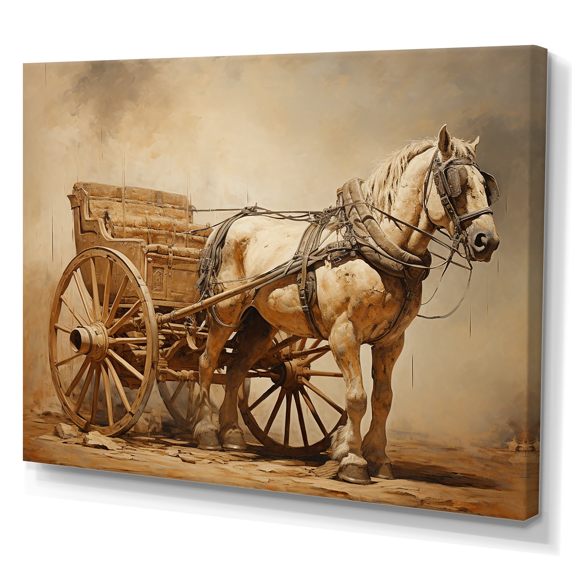 Minimalism Old American Cart With Horse - Old American Cart Canvas Wall Art