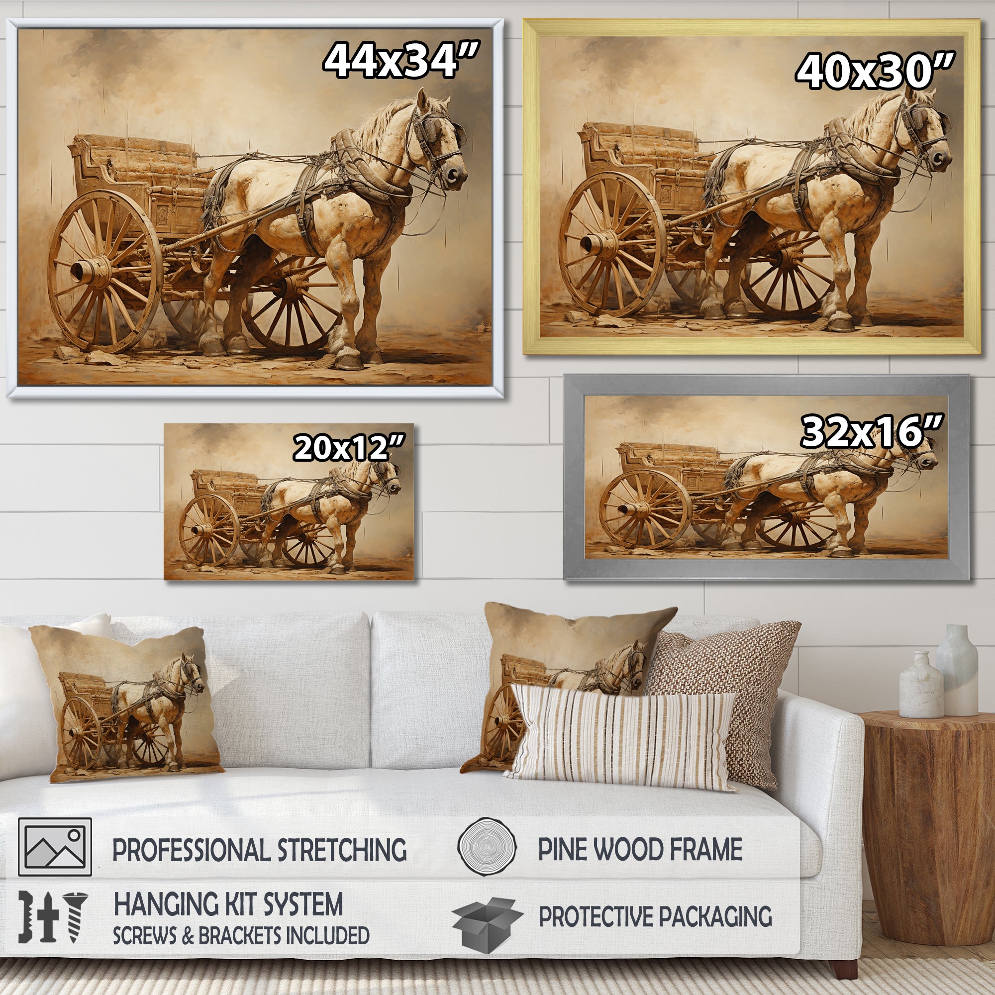 Minimalism Old American Cart With Horse - Old American Cart Canvas Wall Art